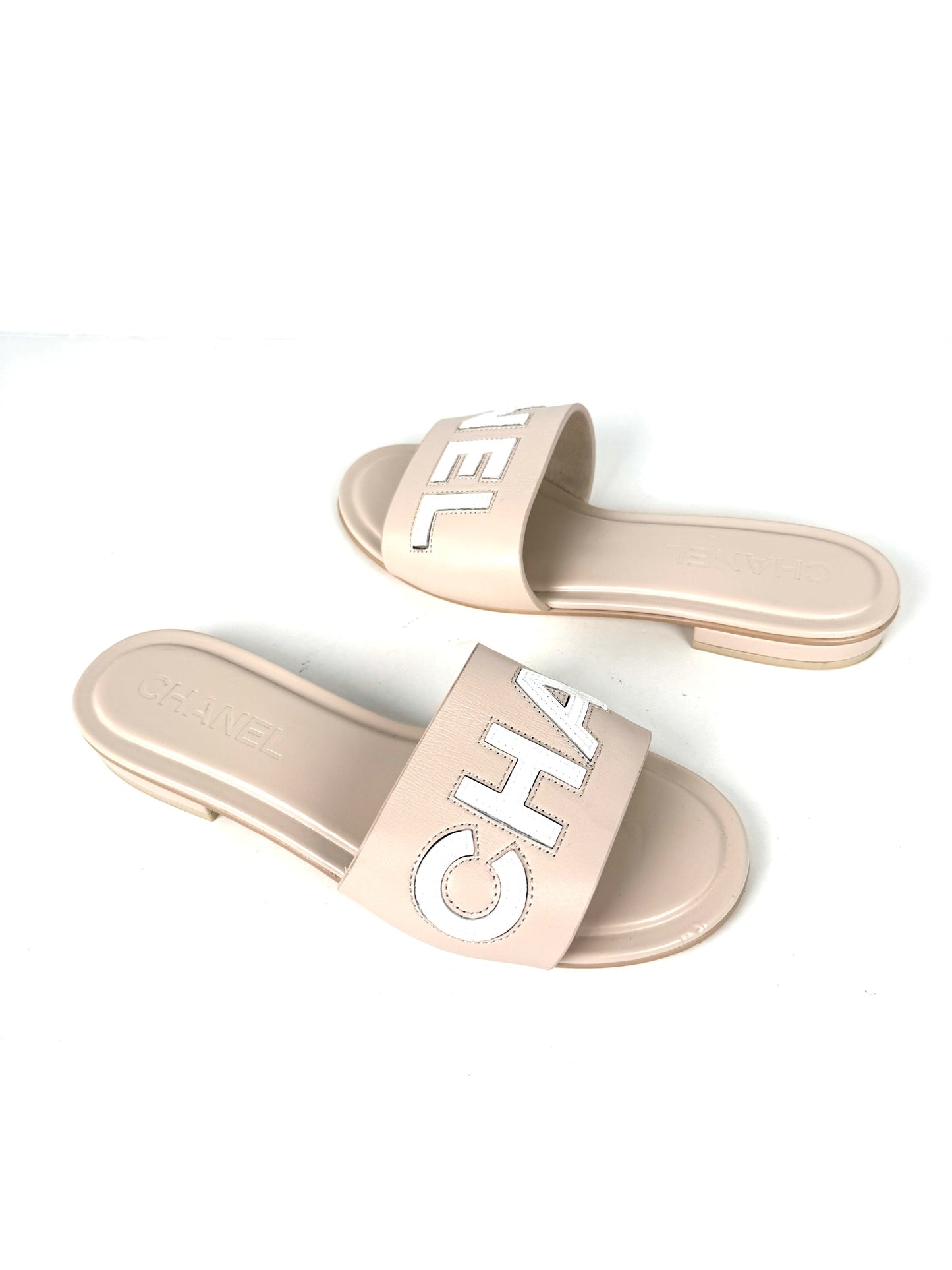 Chanel Print Logo Neutral White Slip on Leather Slide Sandals 38 7.5 for Women