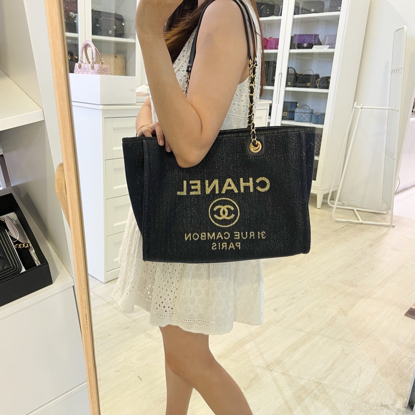 Chanel Deauville Medium Tote In Navy Fabric, Glittery Threading And Lghw