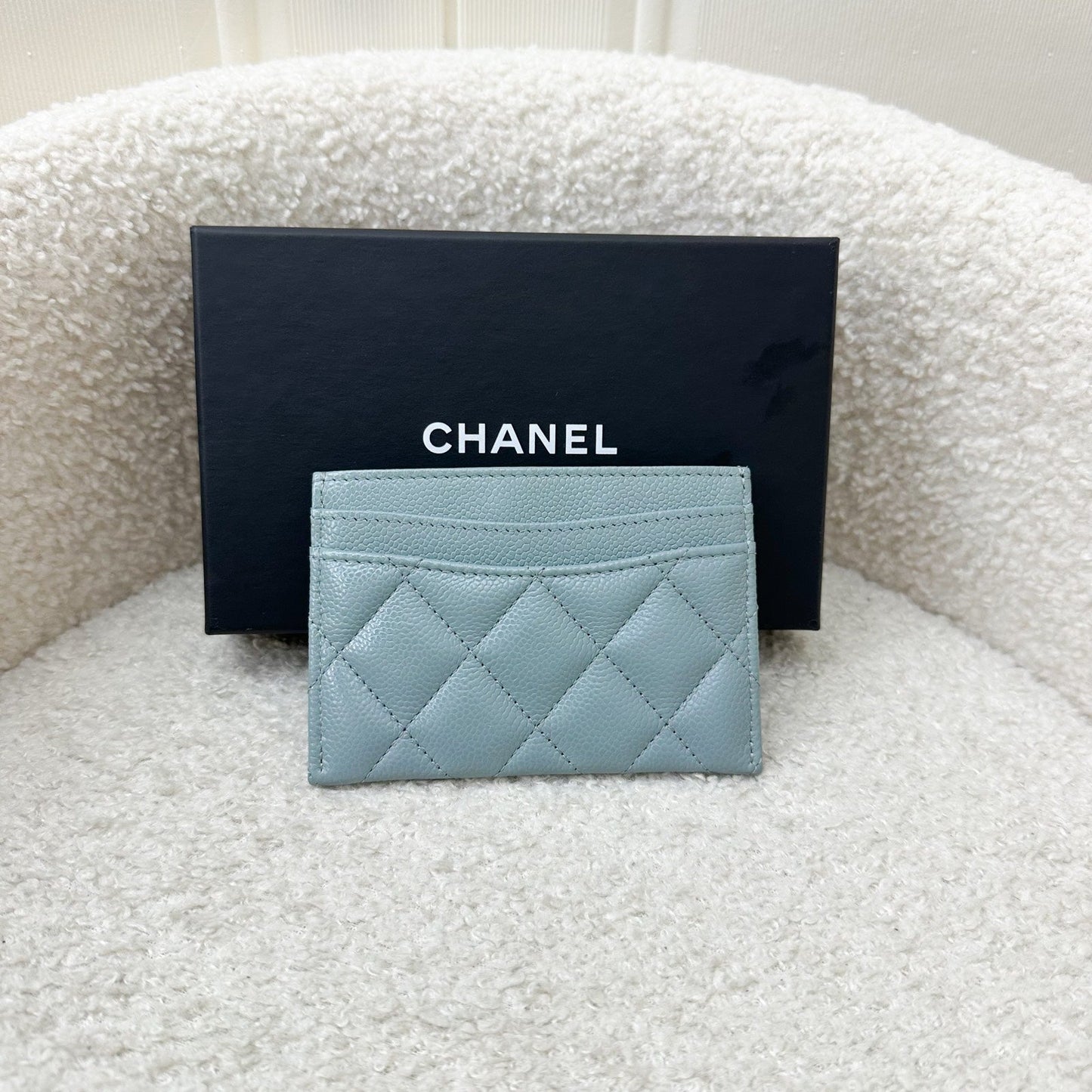 Chanel Classic Flat Card Holder in Seafoam Green / Grey Caviar and Shw for Women