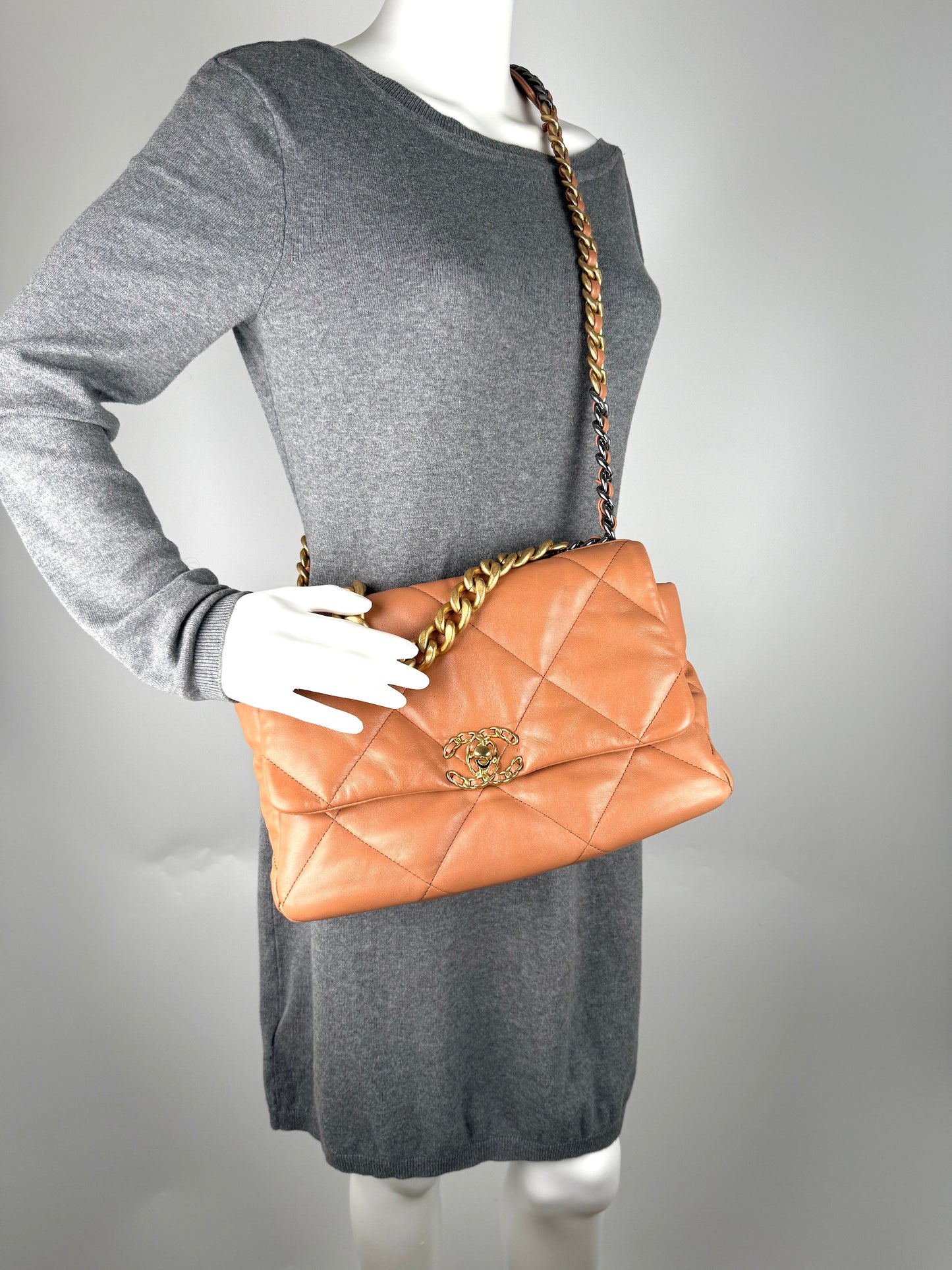 Chanel 19 Large Brown Quilted Gold Hardware Flap Bag