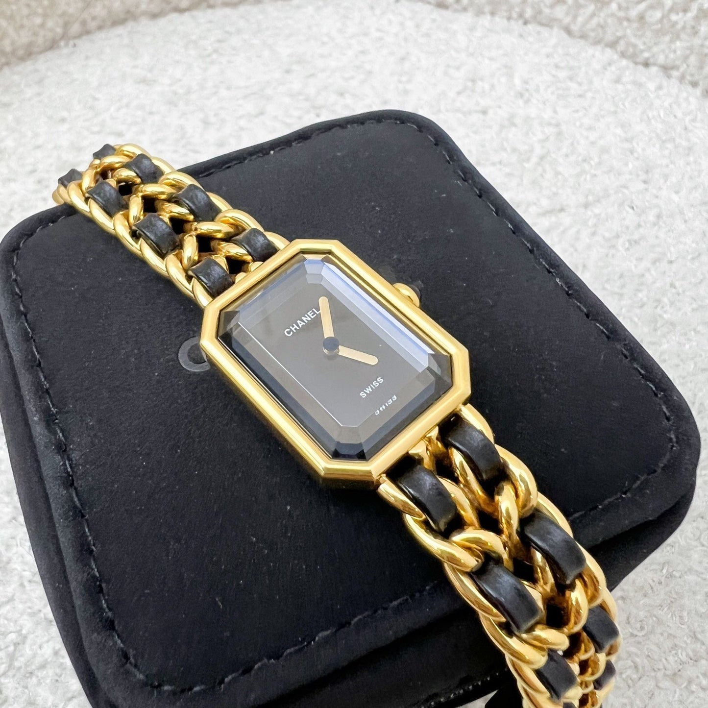 Chanel Premiere Watch in 24K Gold Plated HW and Black Leather Size S