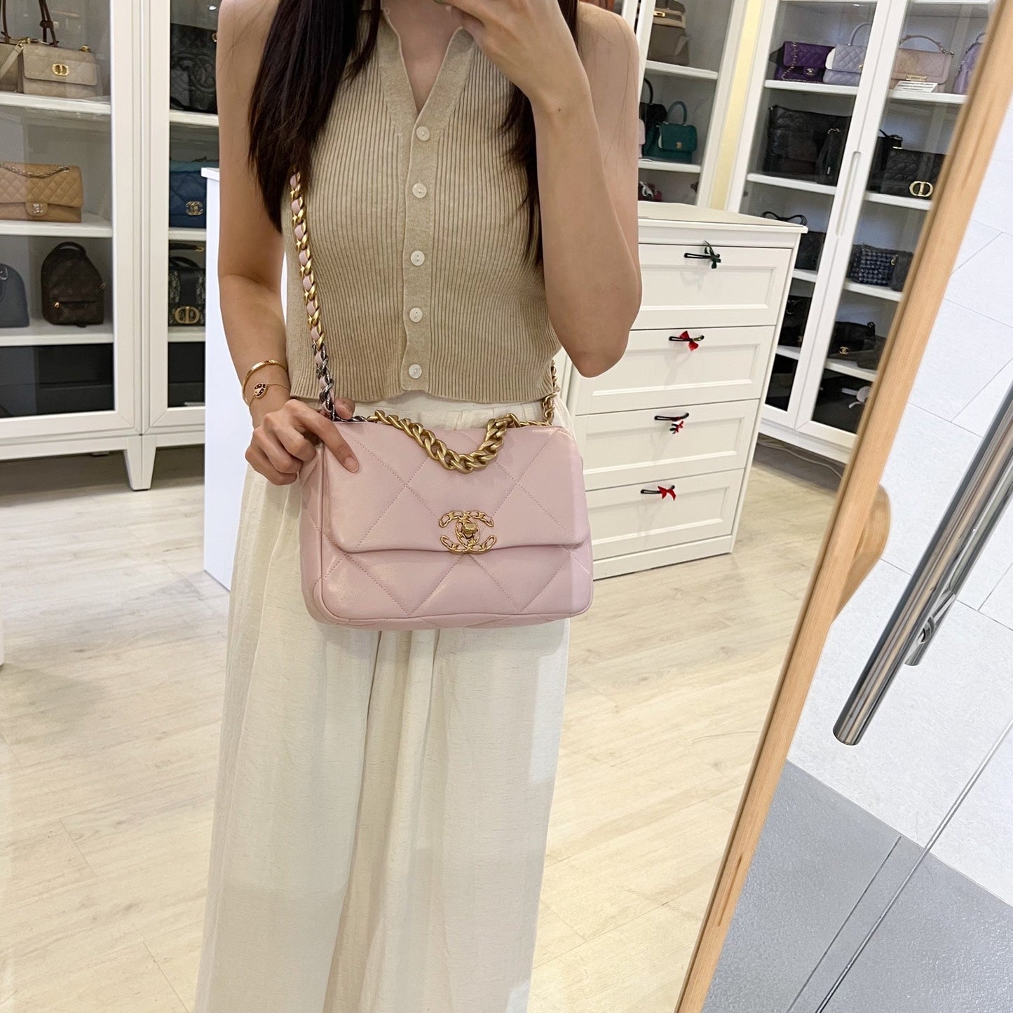 Chanel 19 Small Flap in 21S Rose Clair Light Pink Lambskin and 3 Tone Hw Handbag