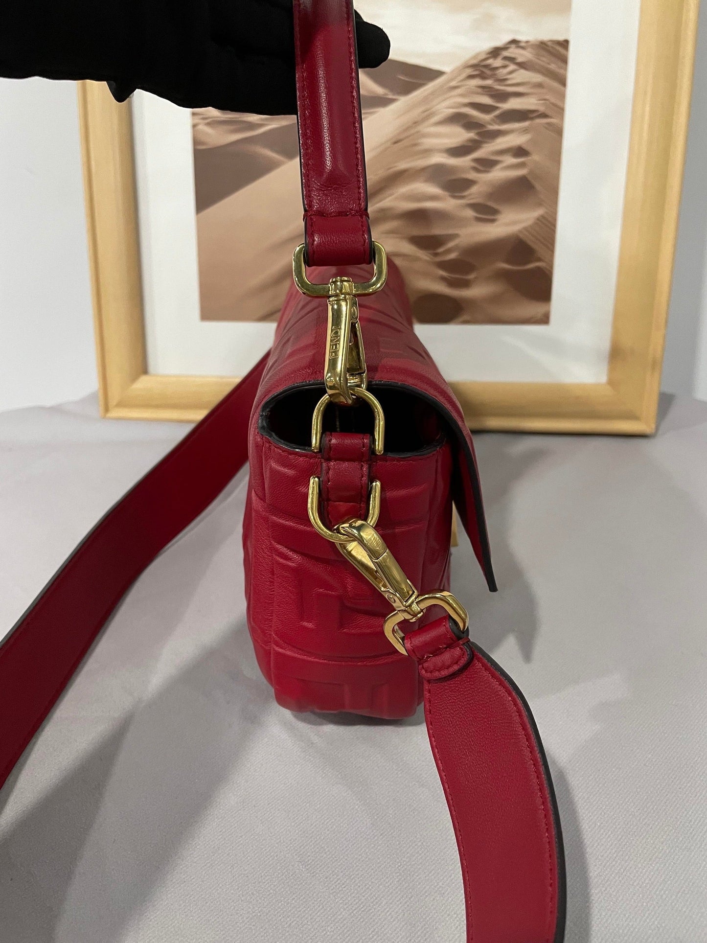 Fendi Baguette Soft Nappa 3D Ff Motif Crossbody Leather Lambskin Red Shoulder Bag