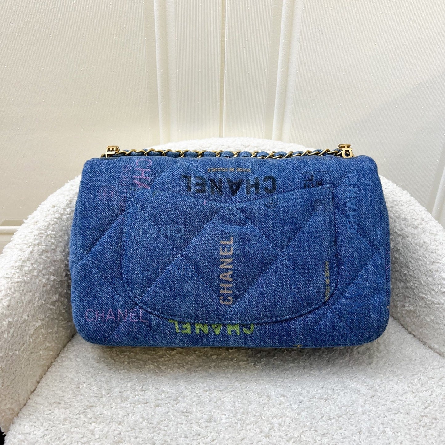 Chanel 22P Denim Mood Medium Flap Bag in Blue Printed Denim and AGHW