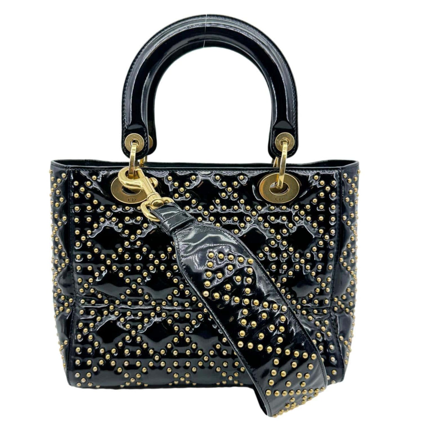 Dior Lady Studded Cannage Patent Crossbody Bag Leather Black