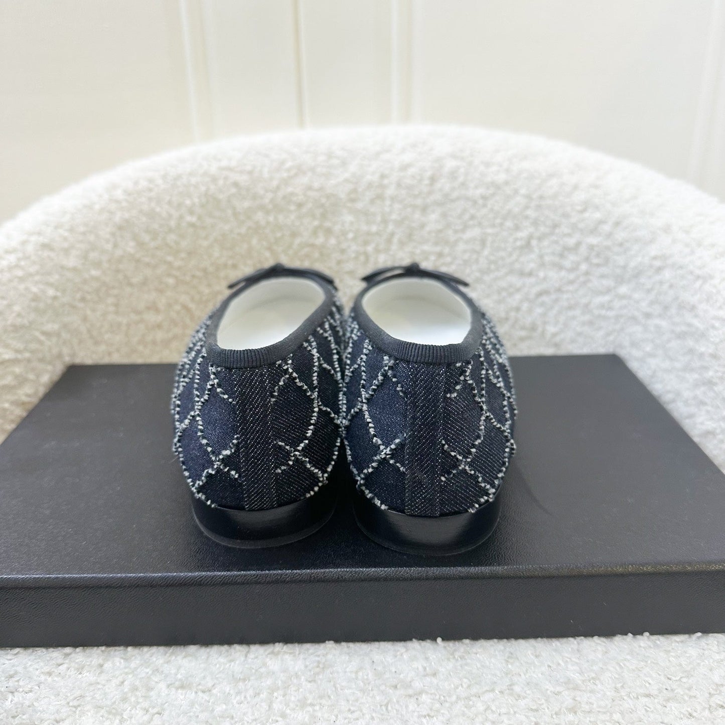 Chanel Classic Ballerina Pumps in Embroidered Denim / Black Gosgrain Size 36 for Women