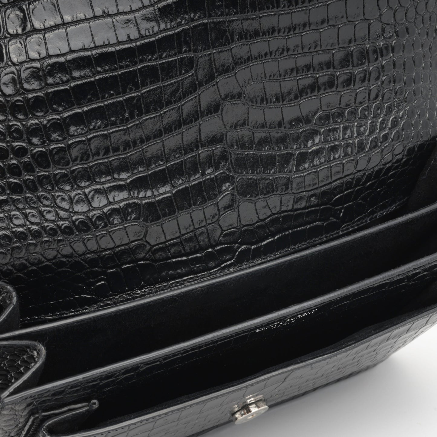 YSL Saint Laurent Sunset Crossbody Bag Medium Croc Embossed Shw
