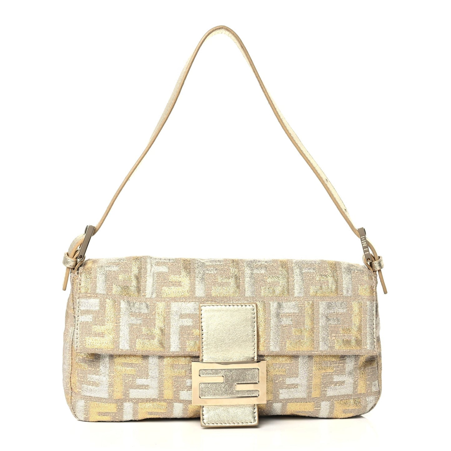 Fendi Handbag Metallic Lurex Zucca Baguette Canvas Gold Silver Shoulder Bag