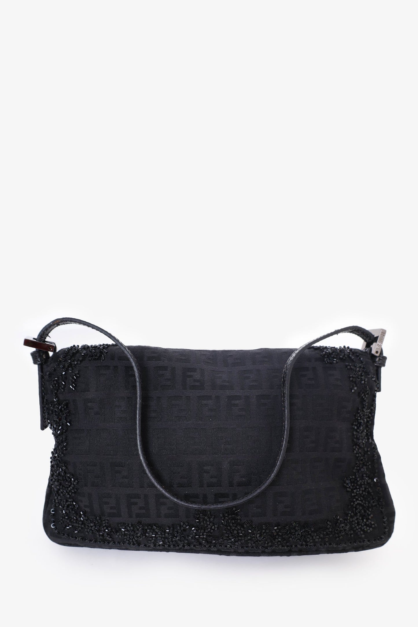 Fendi Ff Zucca Beaded Lizard Trimmed Baguette Shoulder Bag Black