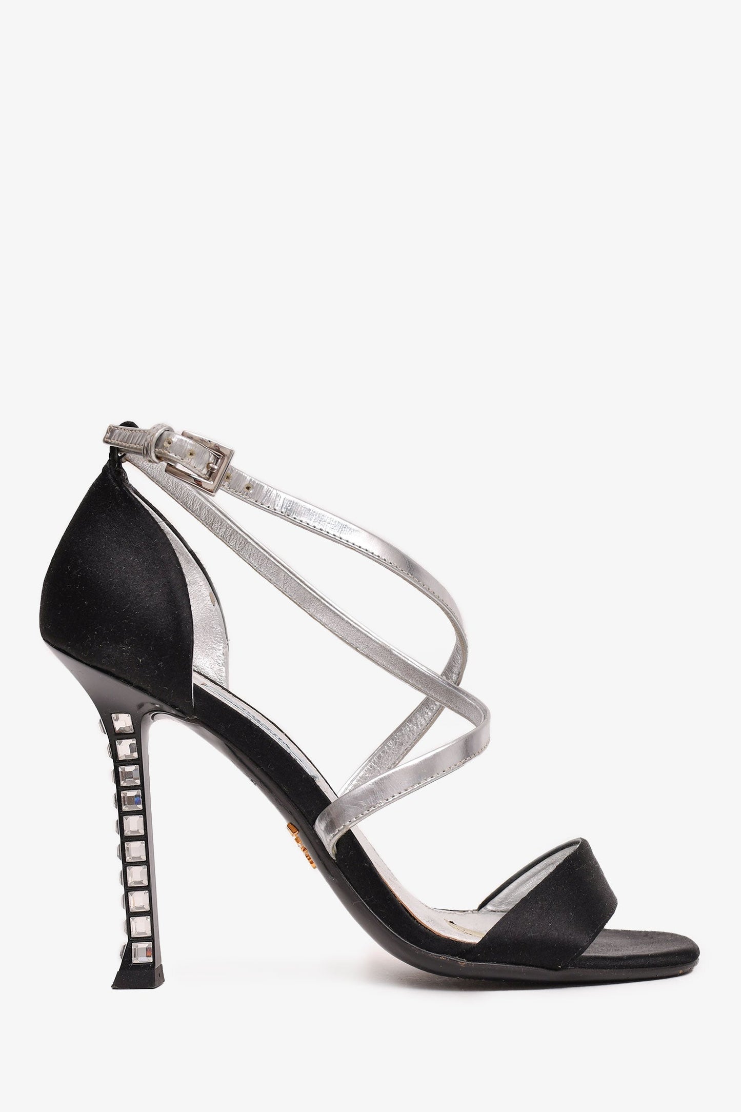 Prada Handbag Strappy Crystal Heels Satin Black Shoes