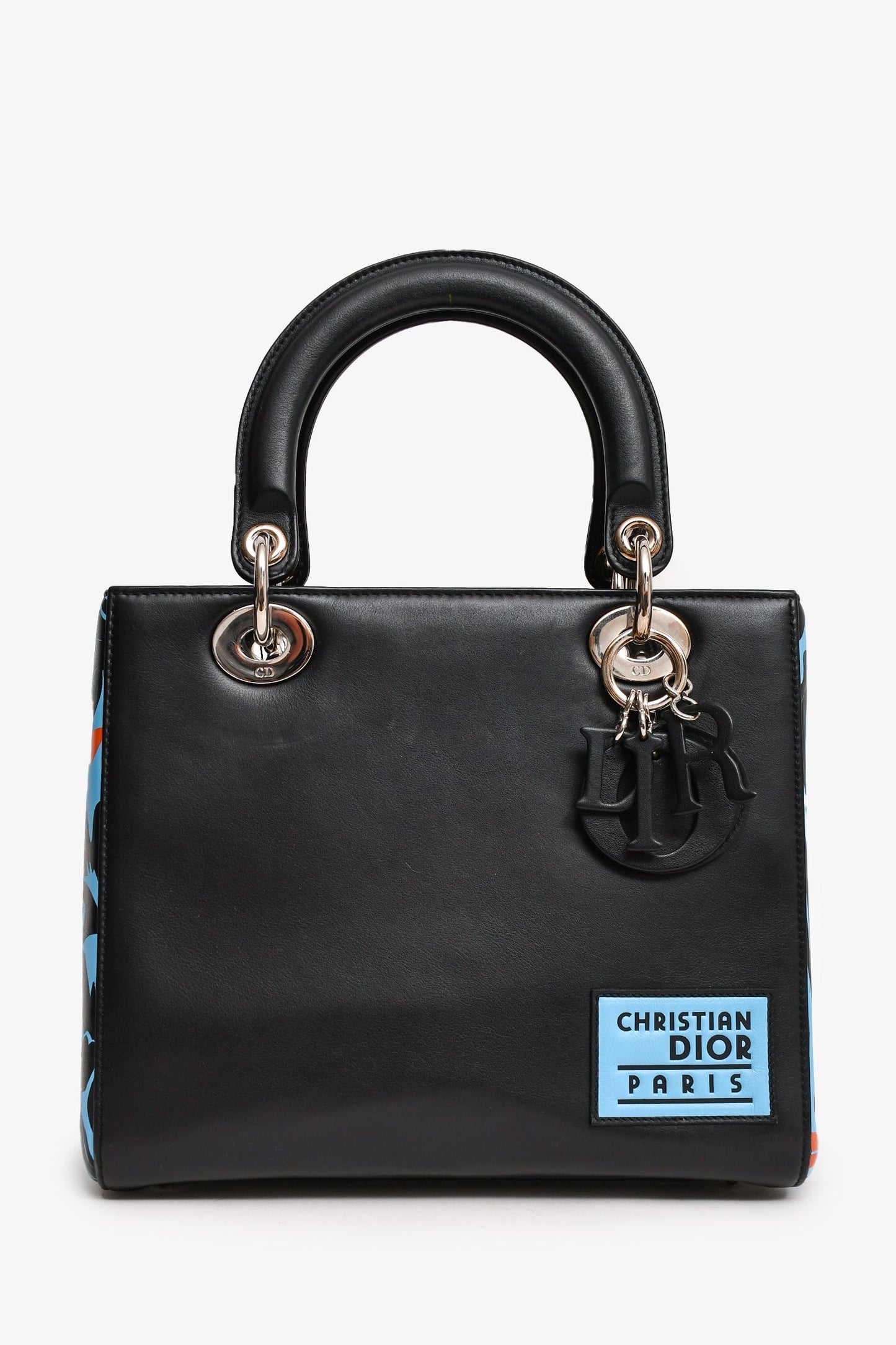 Dior Handbag Christian Floral Printed Lady Leather Black Blue