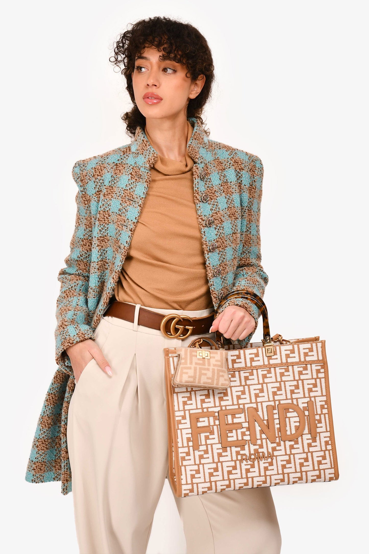 Fendi Tote Bag FF Zucca Sunshine Shopping Tote With Leather Canvas White