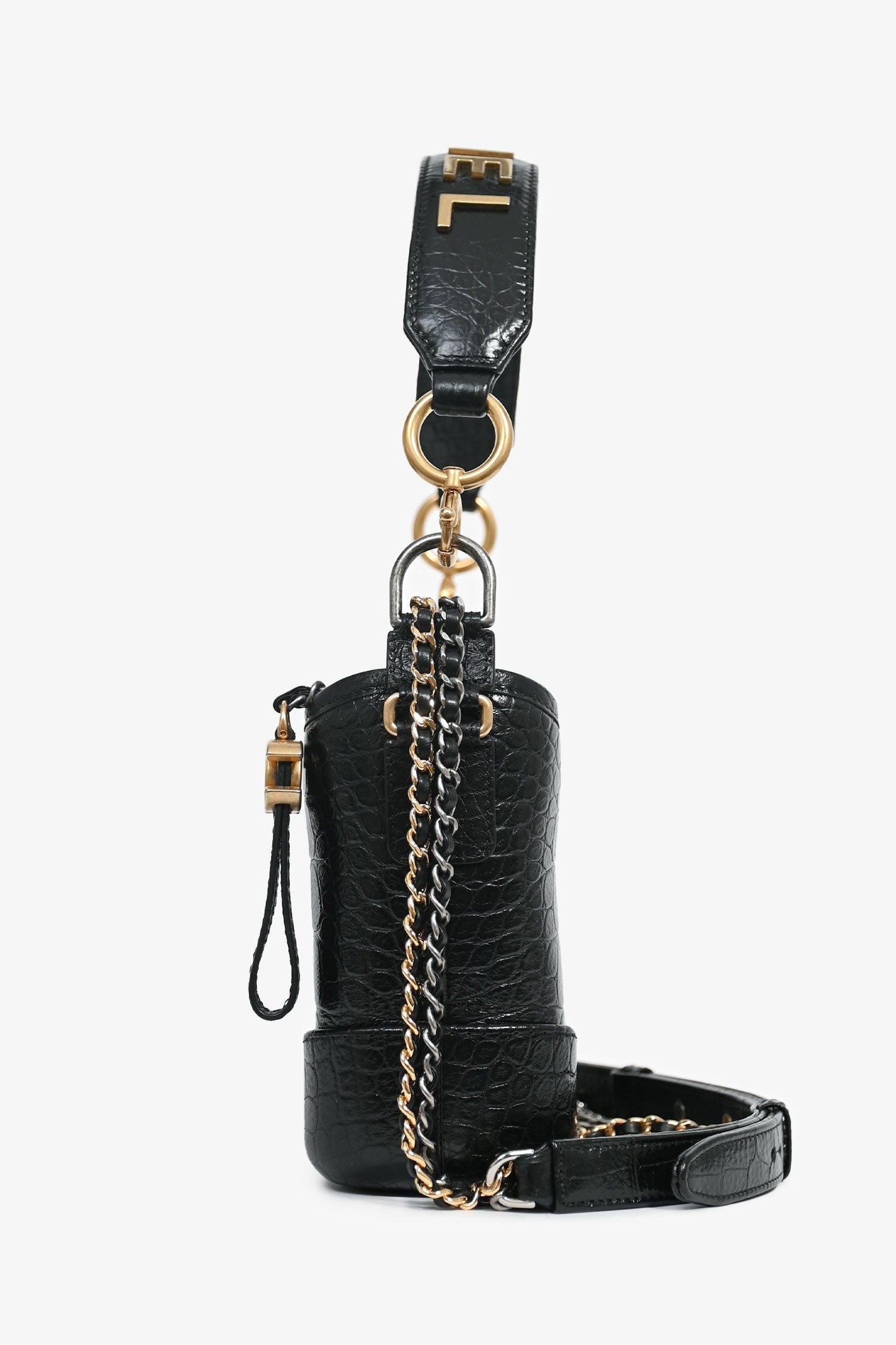 Chanel™ 2019-20 Black Croc Embossed Leather Medium Gabrielle Crossbody Bag with Logo Strap