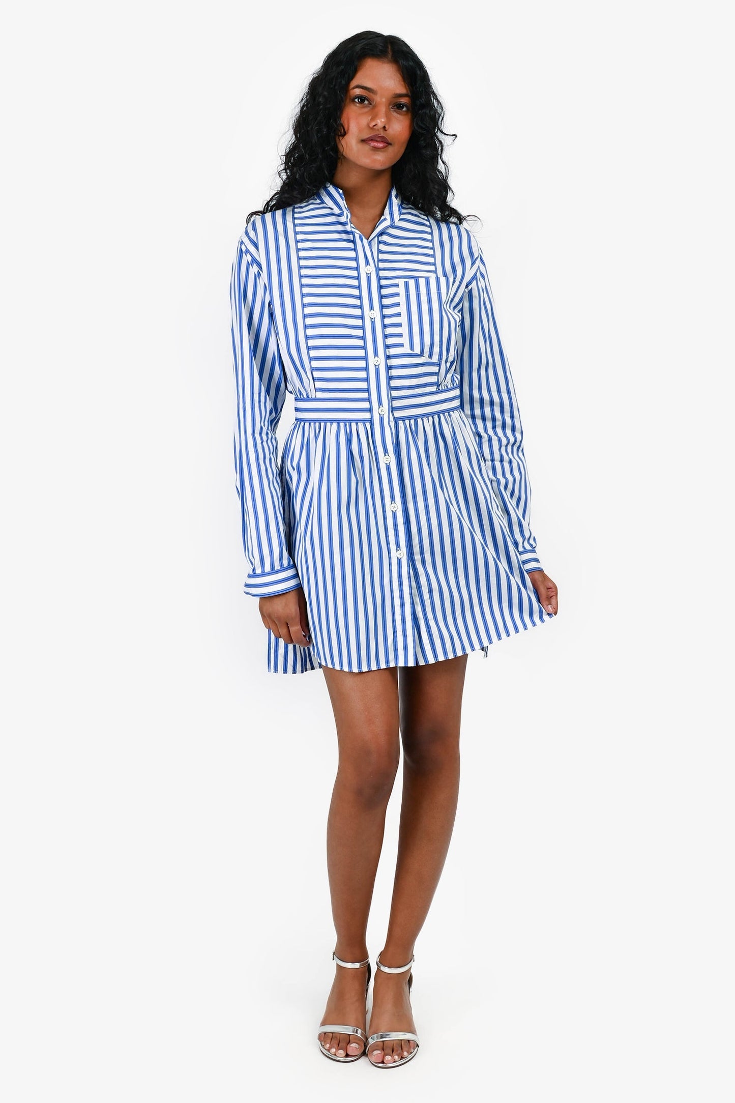 Prada Bag Striped Cotton Buttoned Long Sleeves Dress White Blue Mini Mini Bag