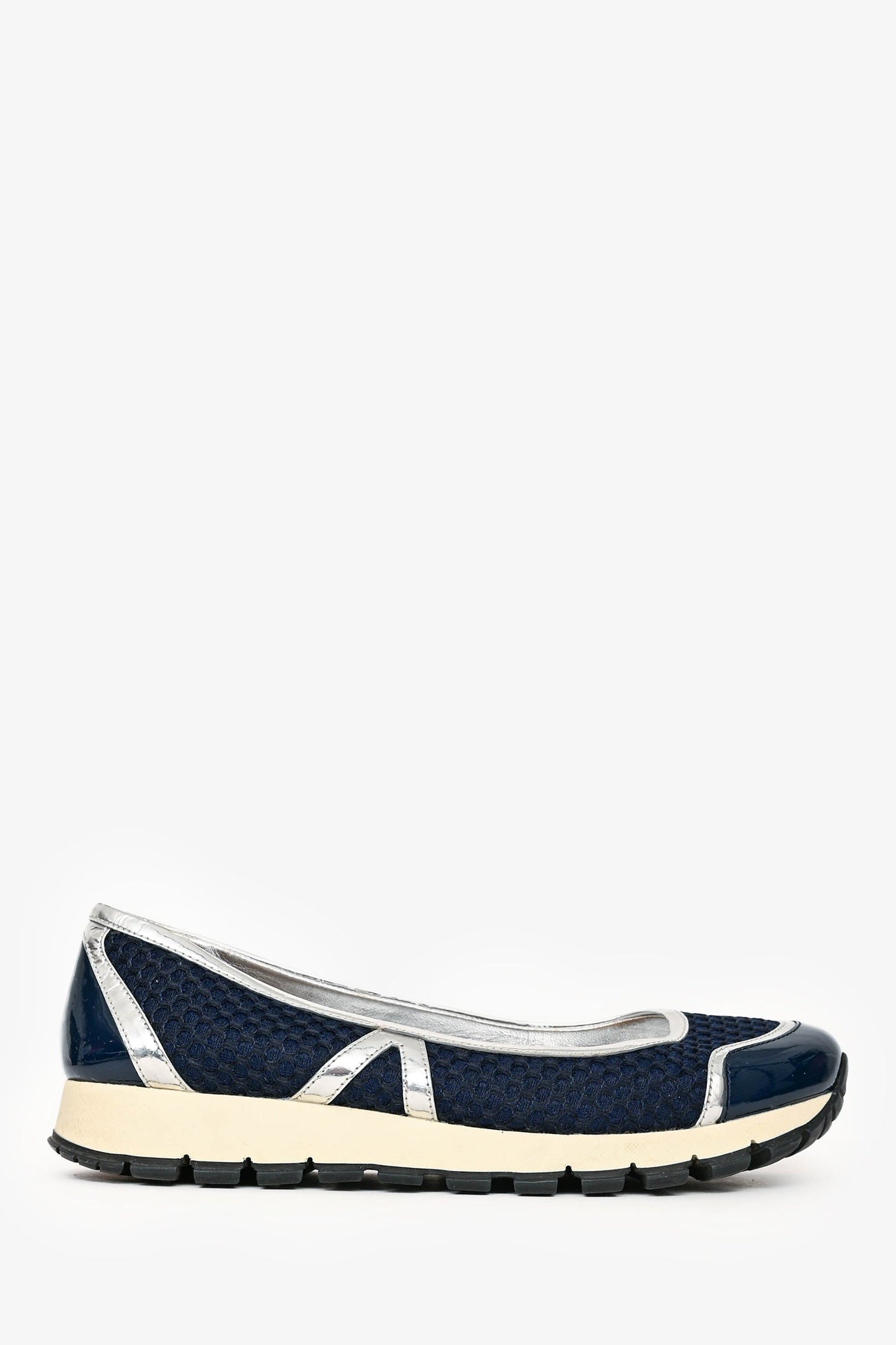 Prada Handbag Metallic Sneaker Pumps Leather Silver Navy Shoes