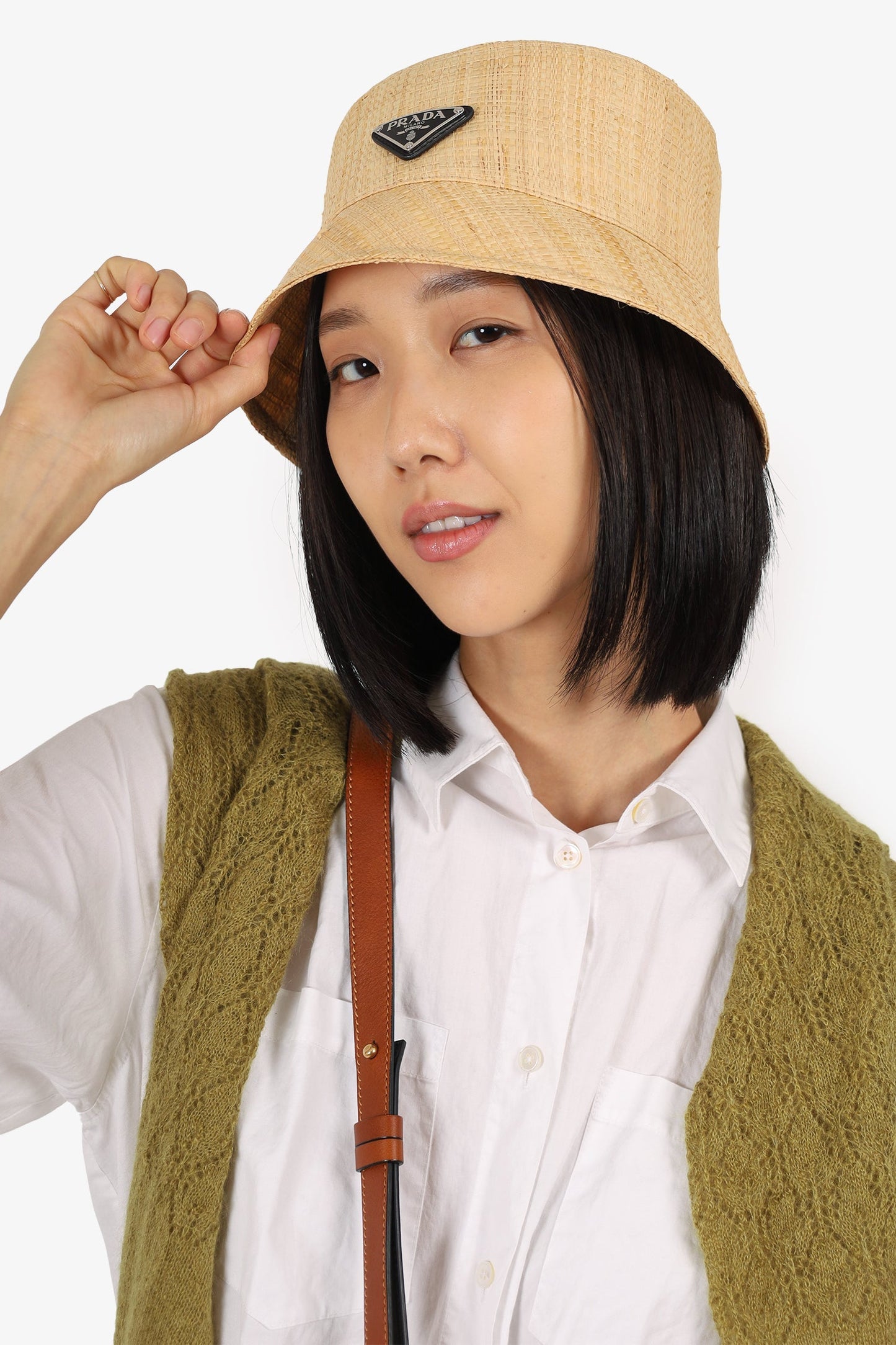 Prada Bag Straw Triangle Hat Beige Logo Bucket Bucket Bag