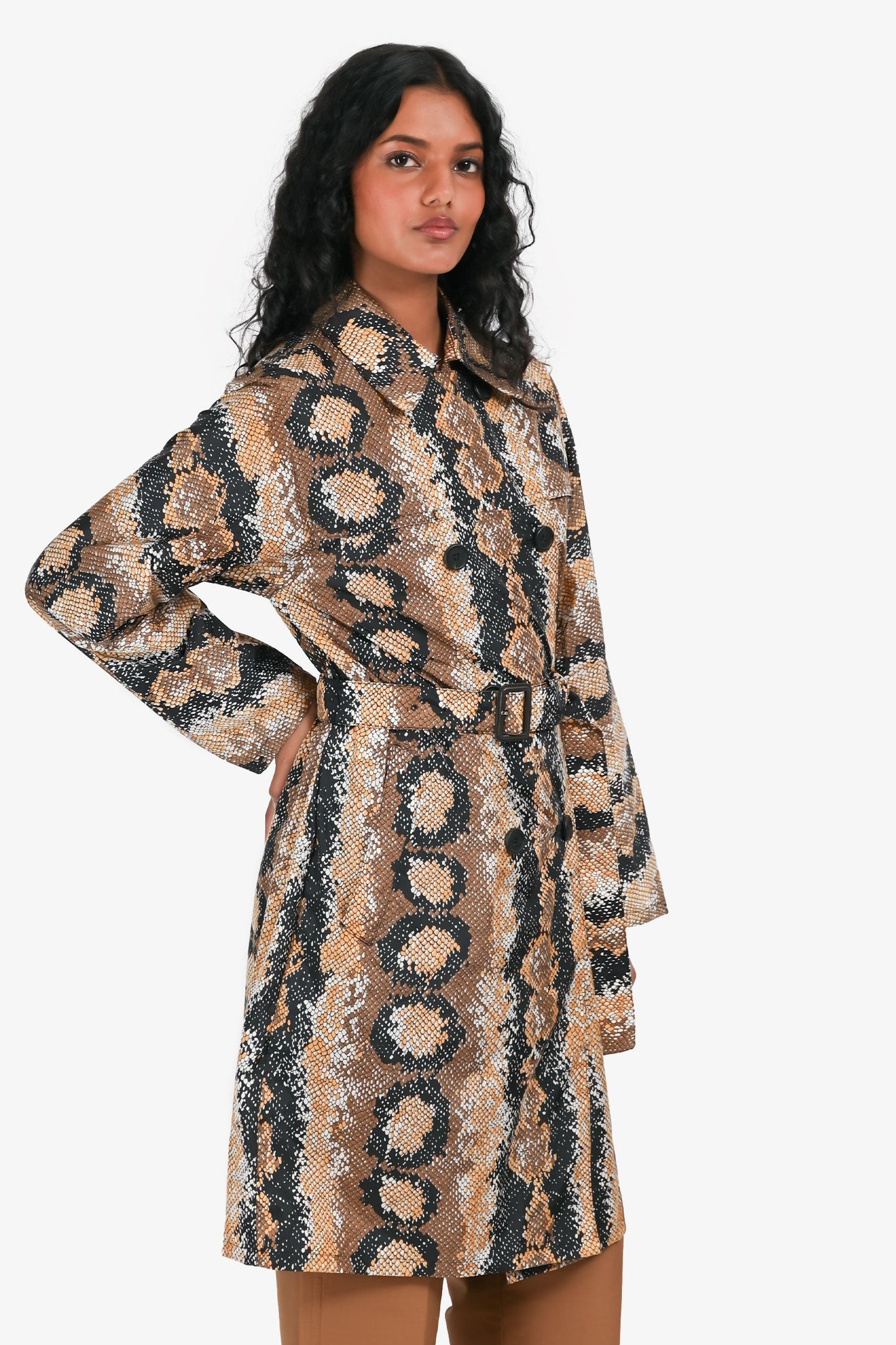 Prada Handbag Animal Print Belted Midi Trench Coat Nylon Brown