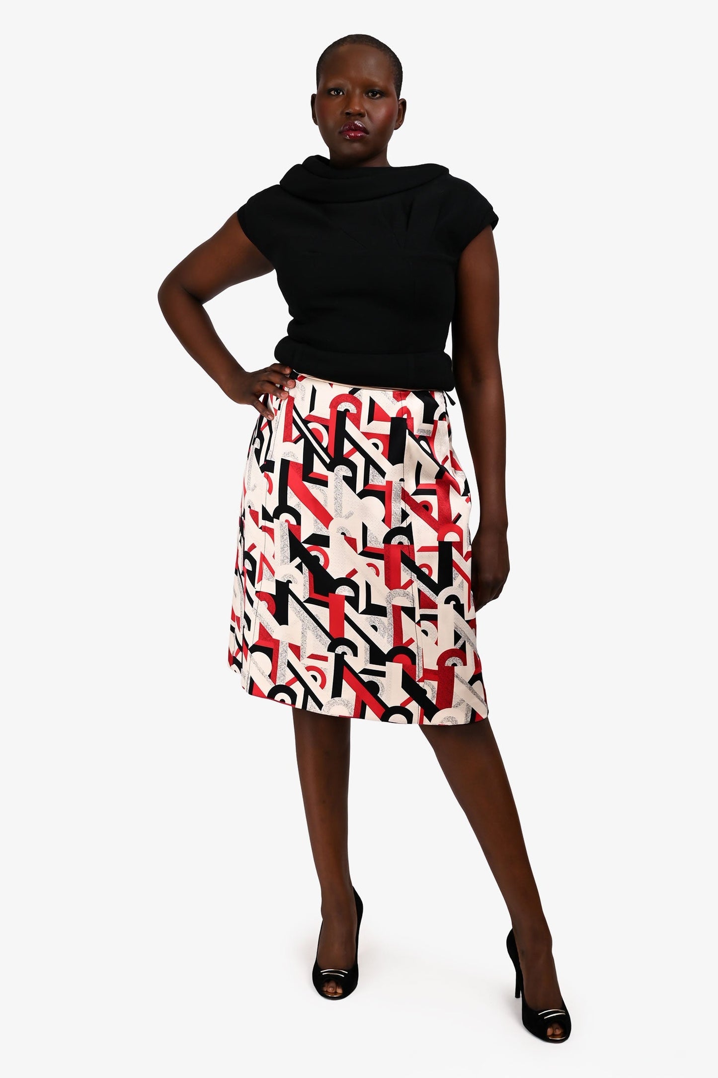 Prada Handbag Silk Graphic Printed Midi Skirt Red Cream