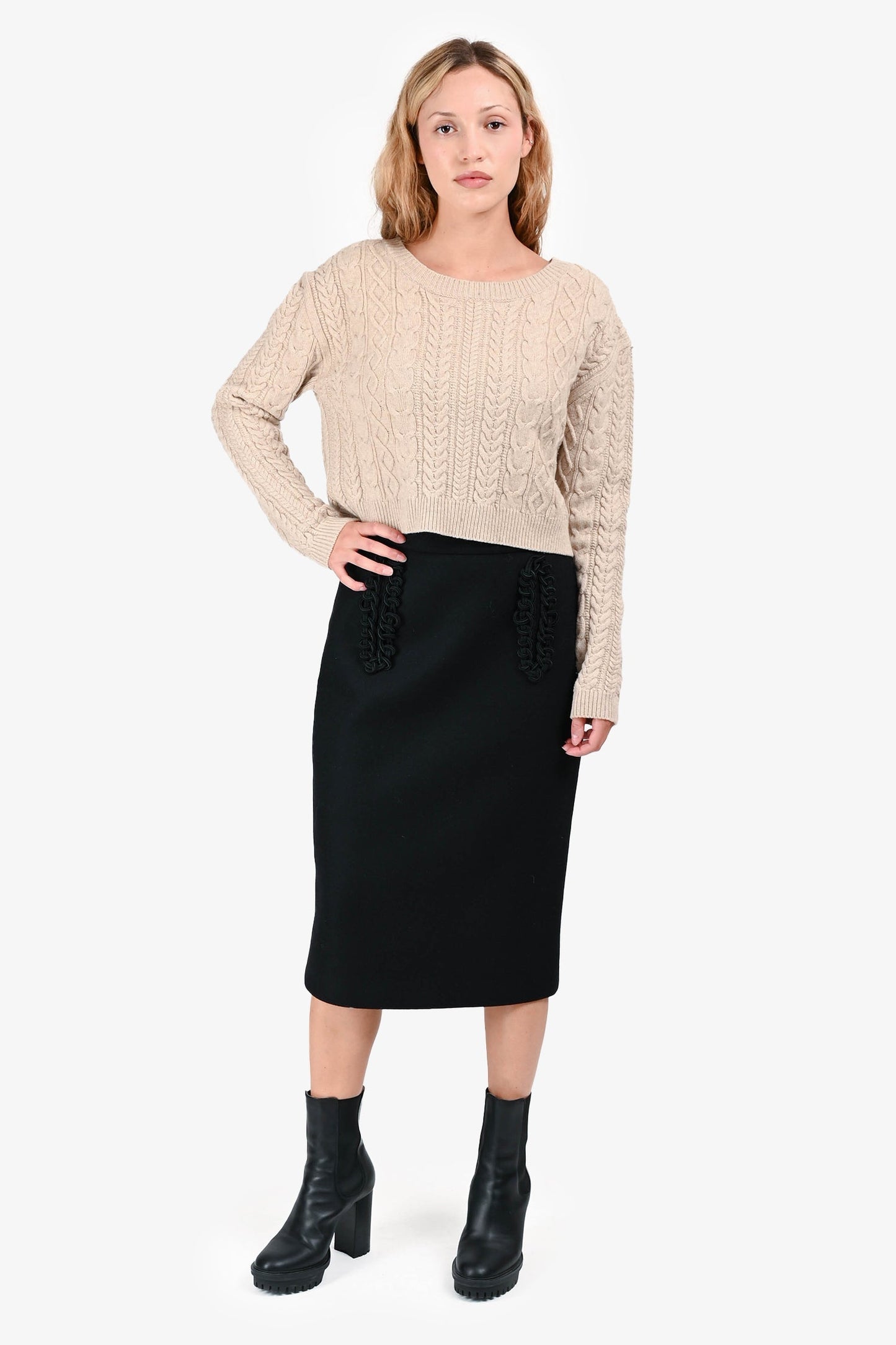 Prada Handbag Wool Braid Detail Midi Skirt Black