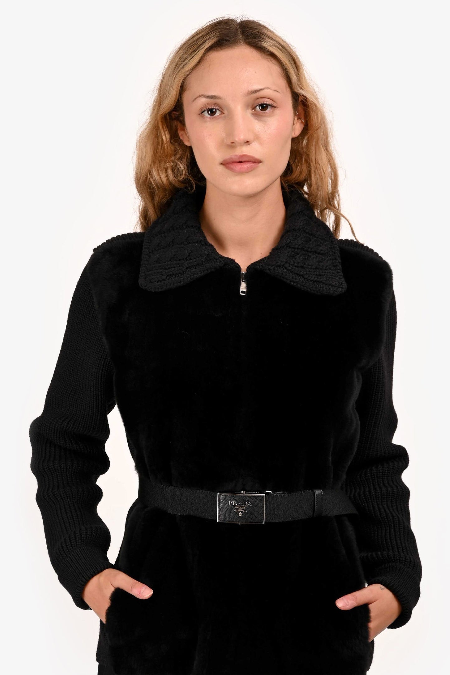 Prada Handbag Cable Knit Wool Fur Cinched Belt -Up Black Logo Zip