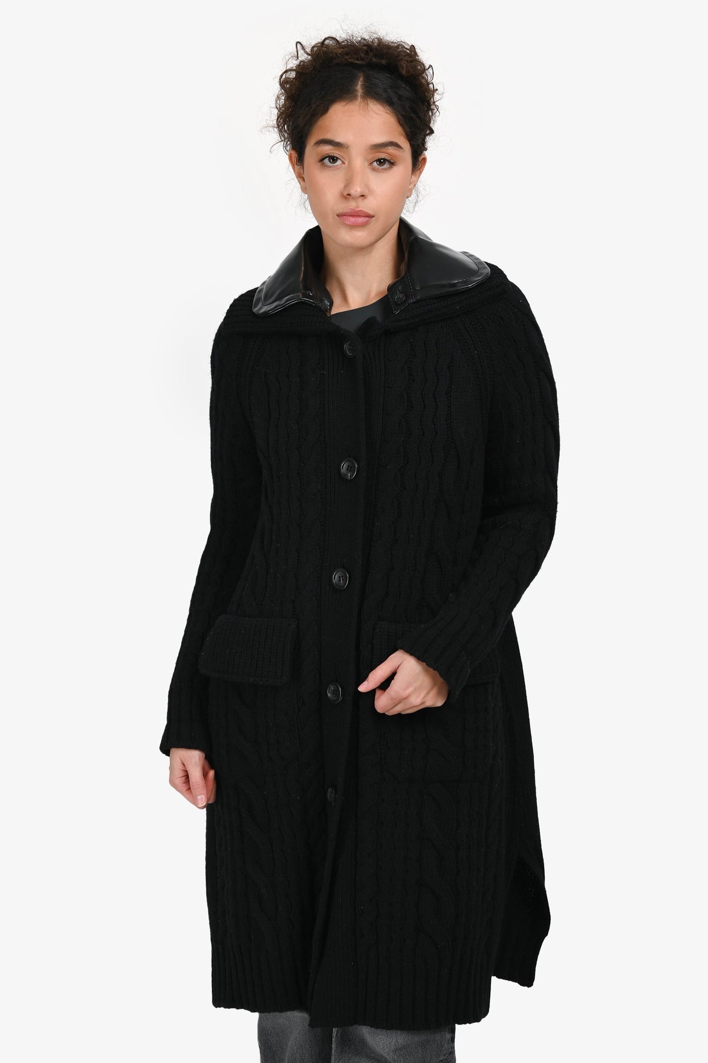 Prada Handbag Wool Trim Cardigan Jacket Leather Black