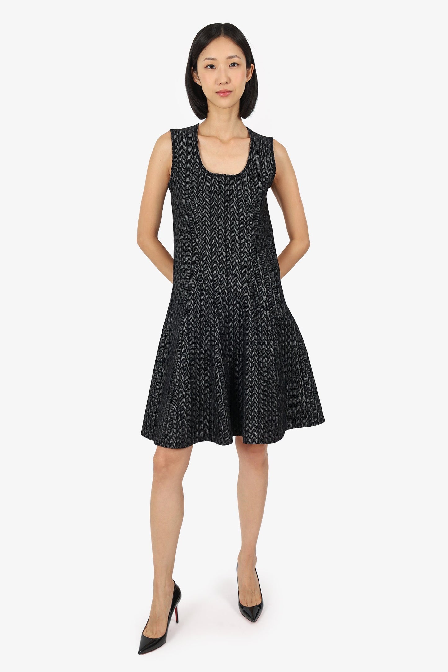 Prada Handbag Grey Wool Sleeveless Knee Length Dress Black Gray