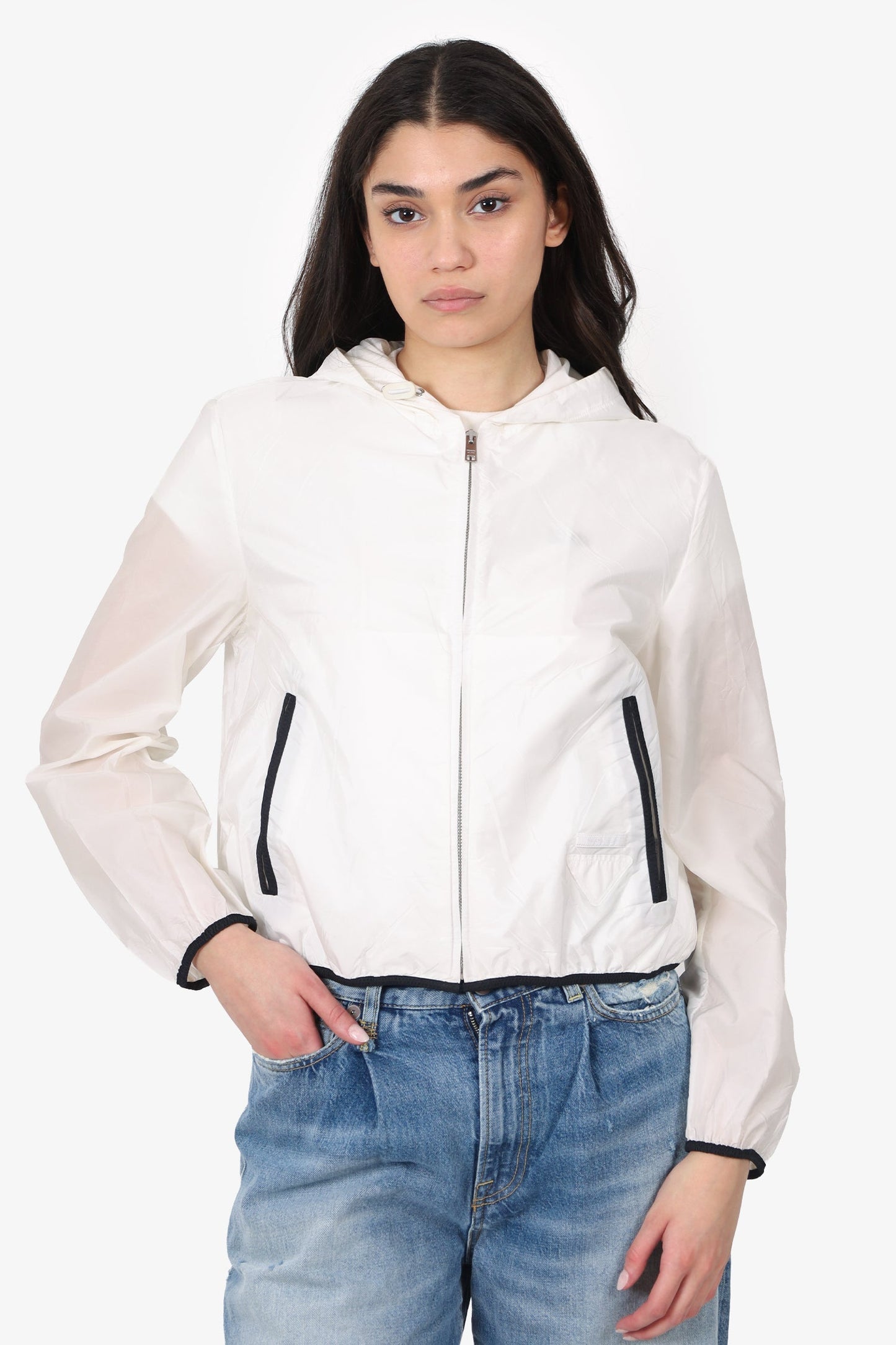 Prada Handbag Cropped Windbreaker With Hood White
