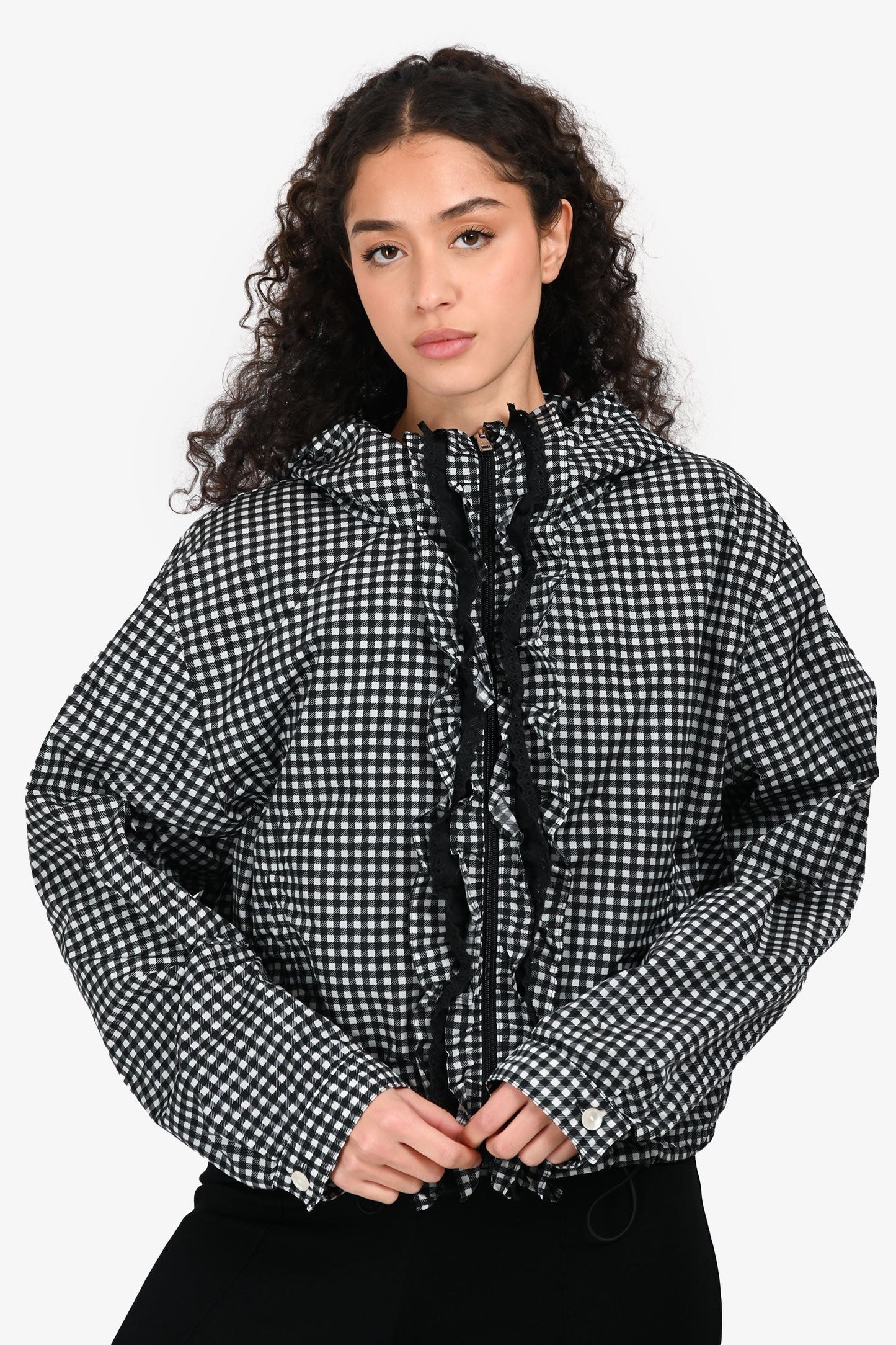 Prada Handbag Gingham Check Ruffle Detailed Wind Breaker Black White