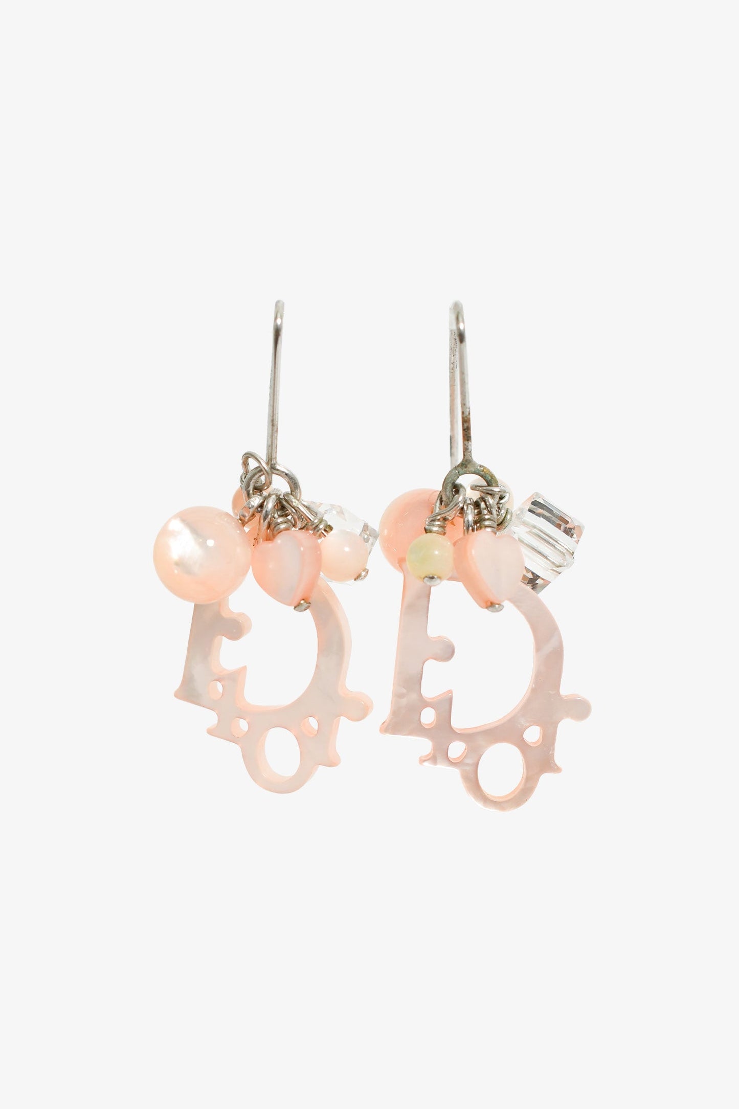 Dior Handbag Christian Tone Drop Earrings Pink Silver Logo Jewelry
