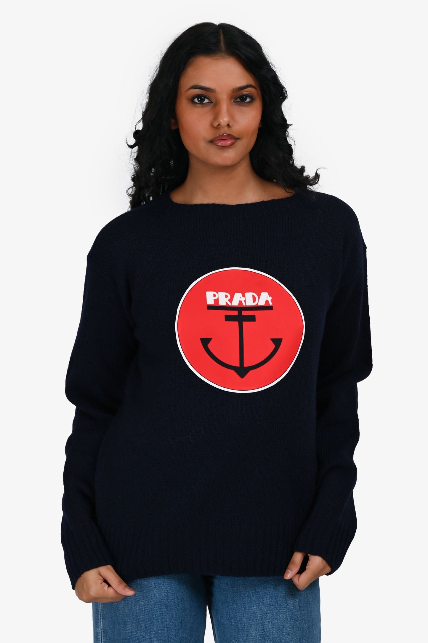 Prada Handbag Wool Anchor Print Sweater Navy Logo