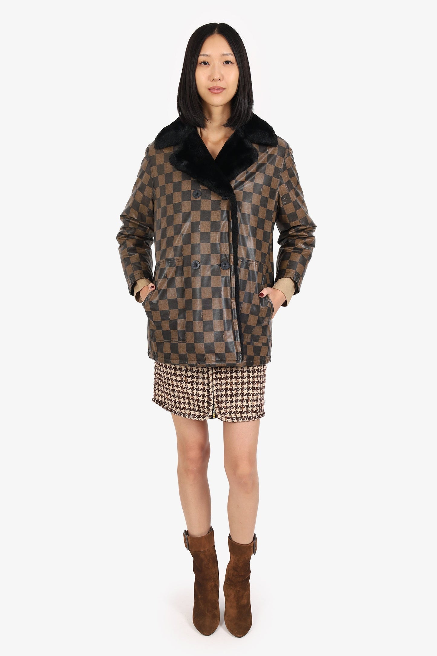 Fendi Handbag Teddy Lining Puffer Jacket Black Brown