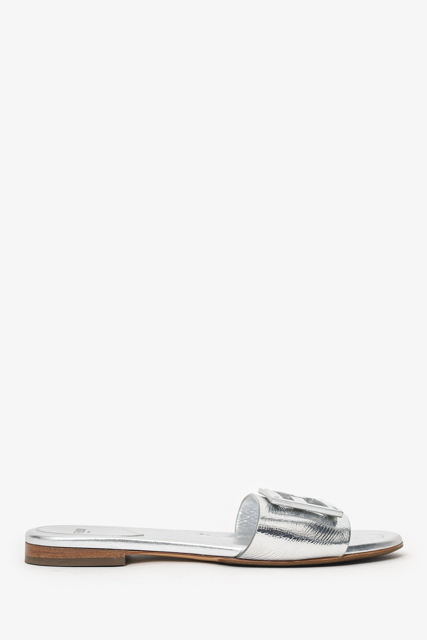 Fendi Handbag Metallic Baguette Slide Sandal Leather Silver Shoes