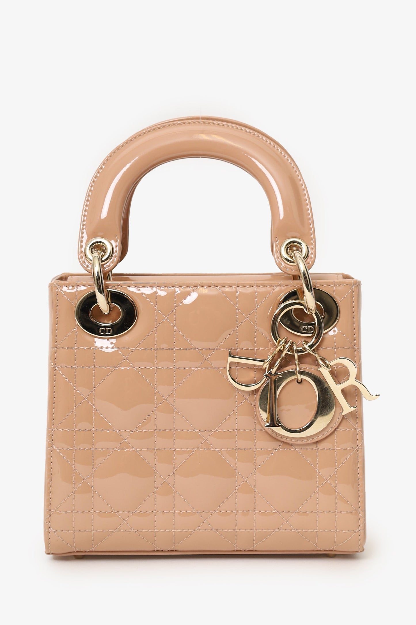 Dior Bag Christian Cannage Lady With Strap Leather Patent Beige Mini Bag