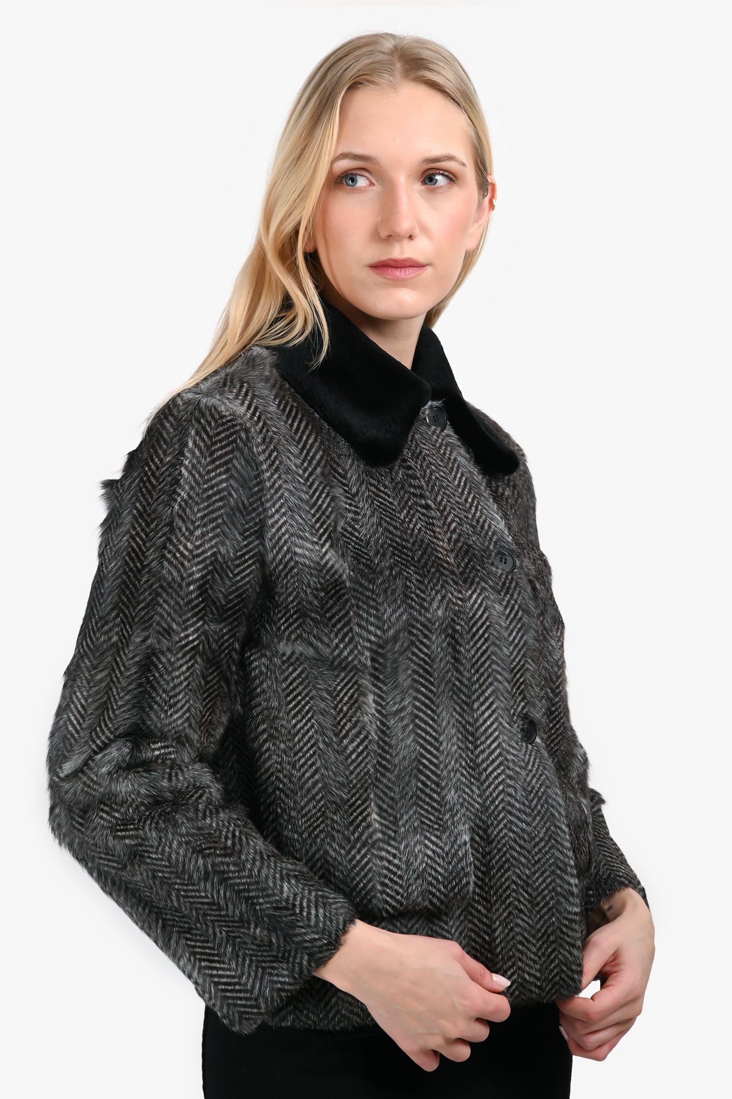 Prada Handbag Herringbone Goat Fur Collared Jacket Black White