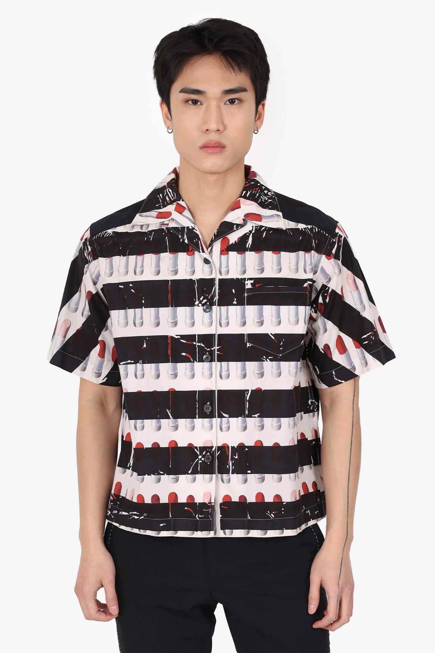 Prada Handbag Lipstick Print Short Sleeve Shirt Black Pink