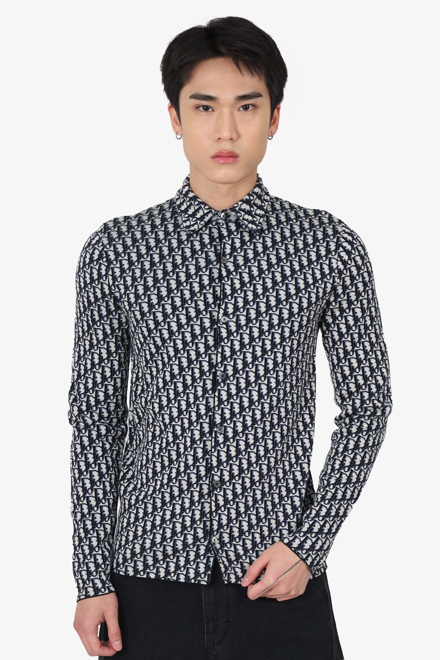 Dior Handbag Knit Oblique Long Sleeve Button Down Shirt Monogram Cream Navy