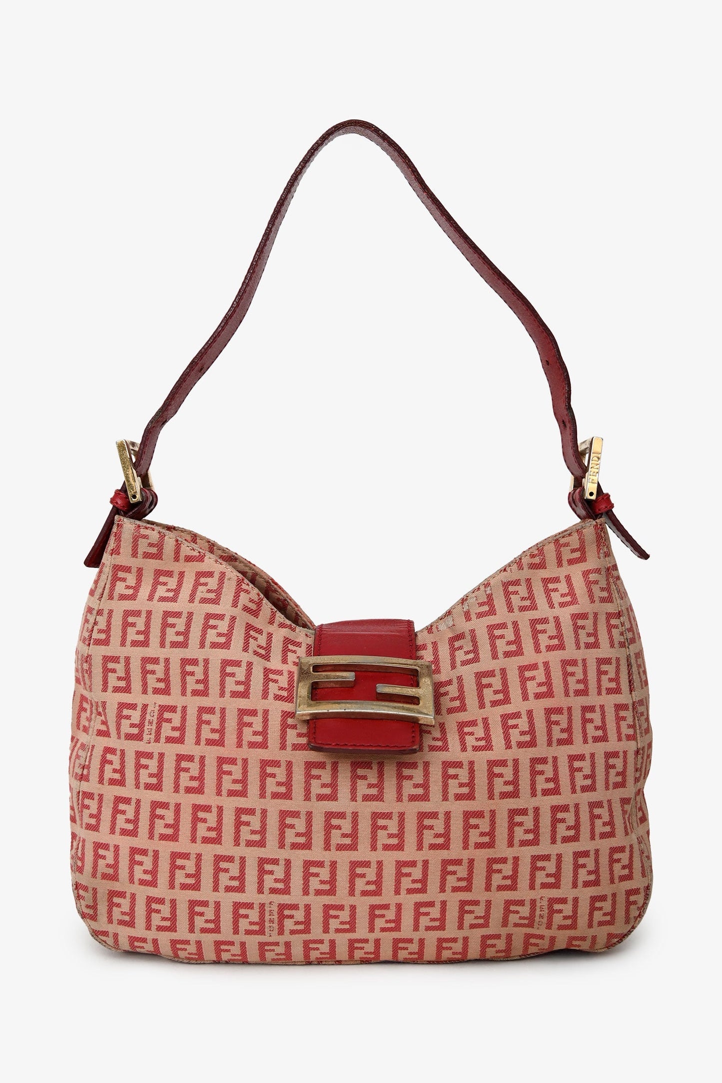 Fendi Shoulder Bag FF Zucca Baguette Beige Red