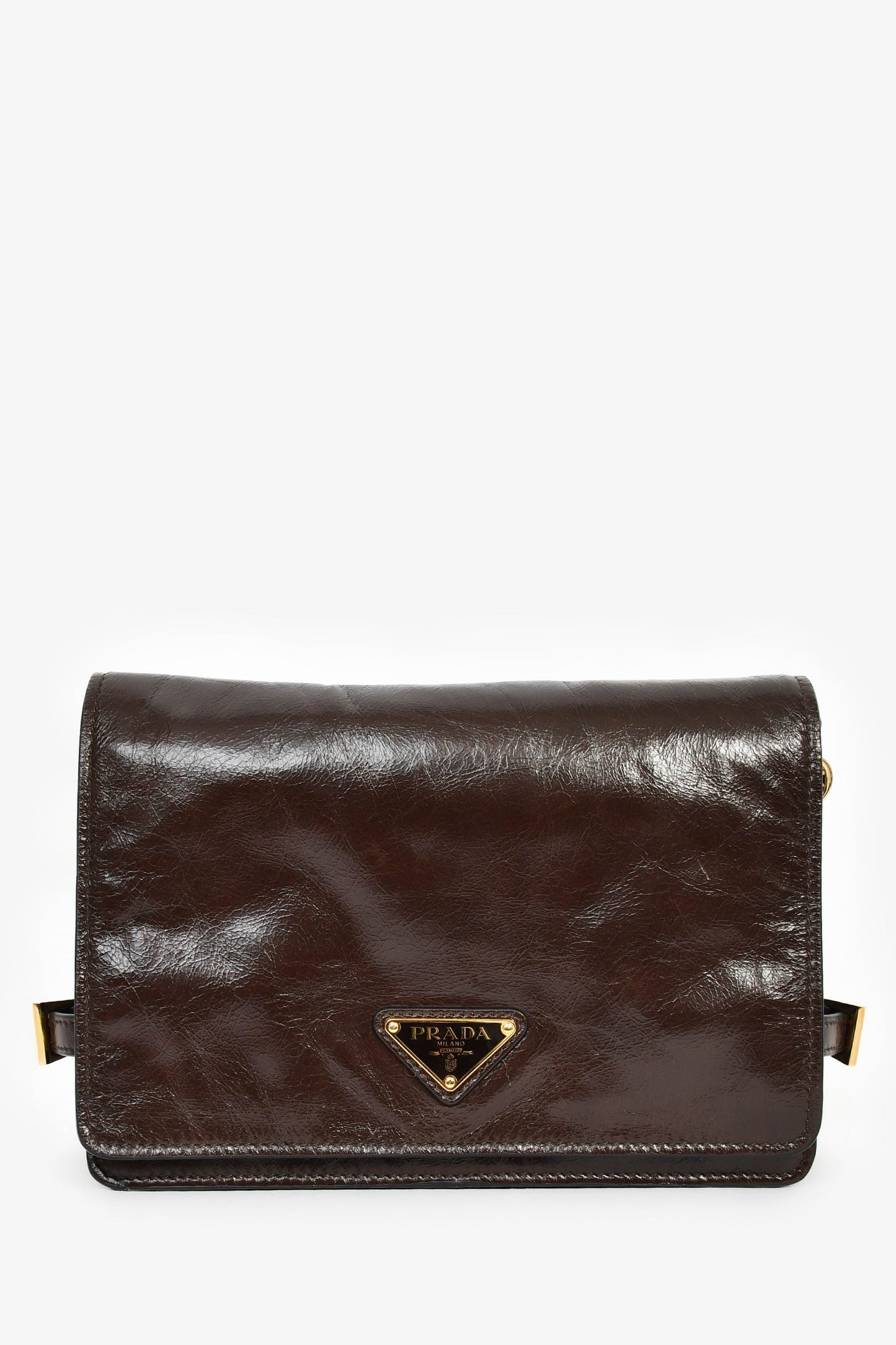 Prada Shoulder Bag Buckle Detail Leather Brown