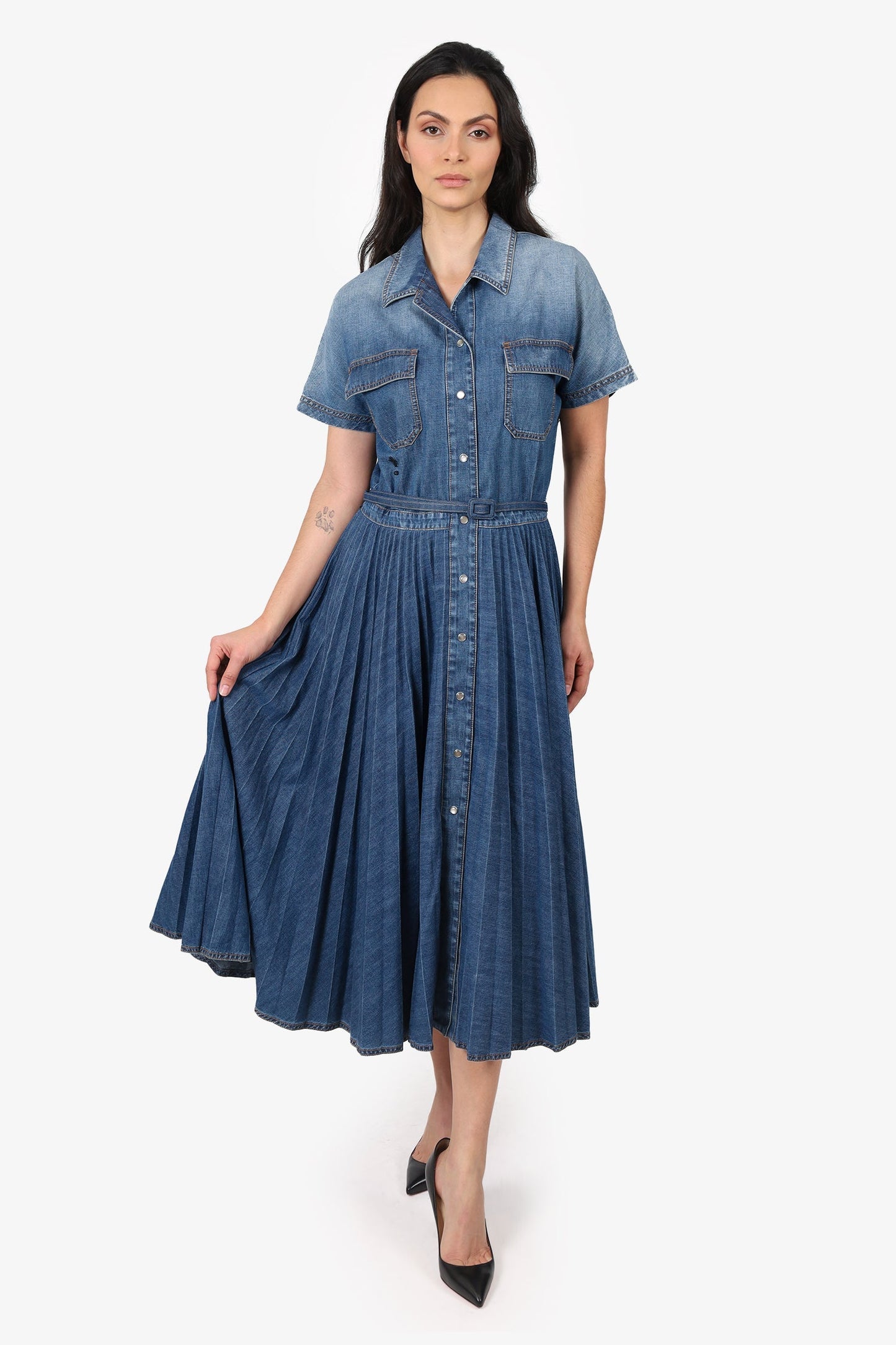 Dior Handbag Christian Short Sleeve Pleated Dress Denim