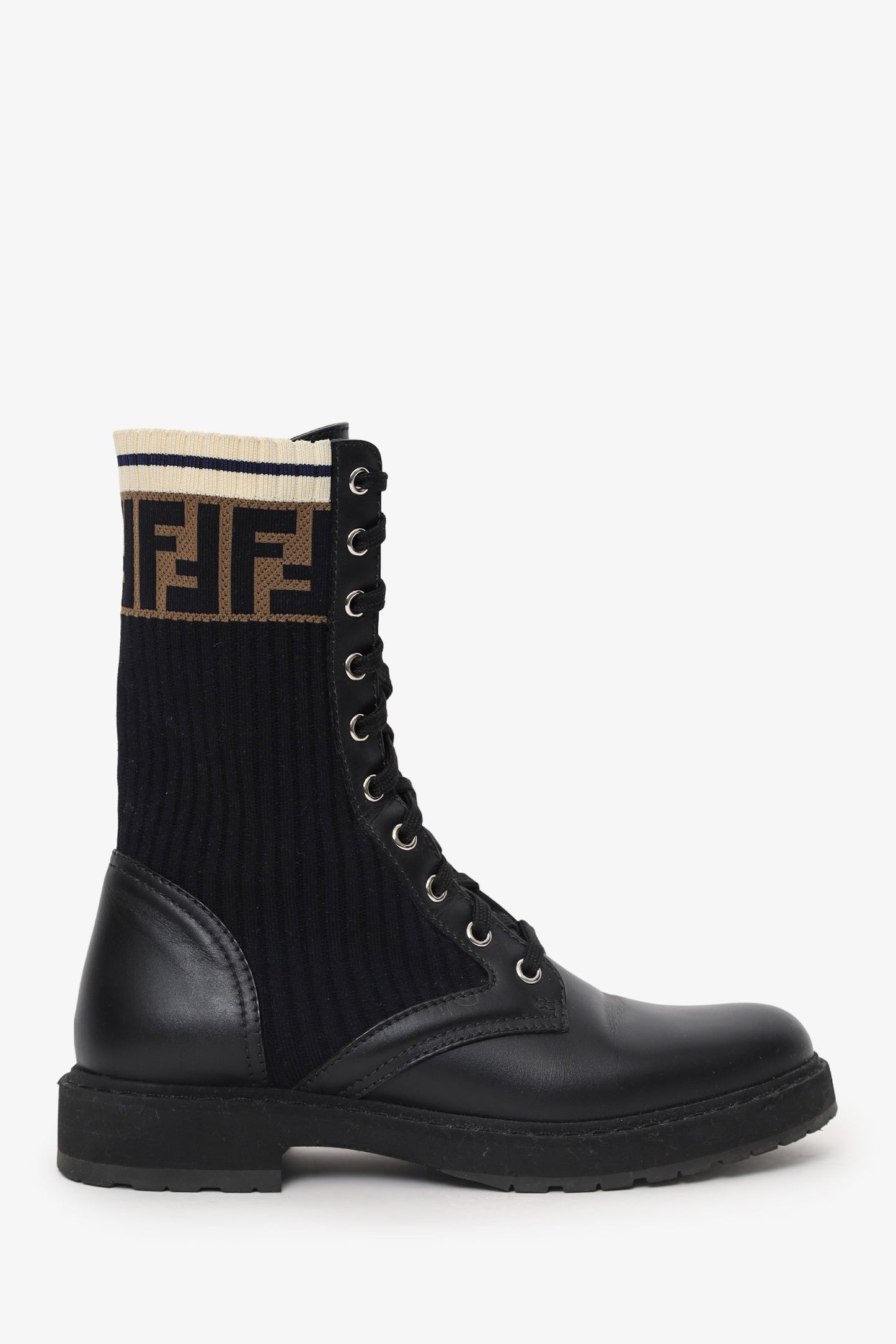 Fendi Handbag Zucca Stretch Knit Combat Boots Leather Black Shoes