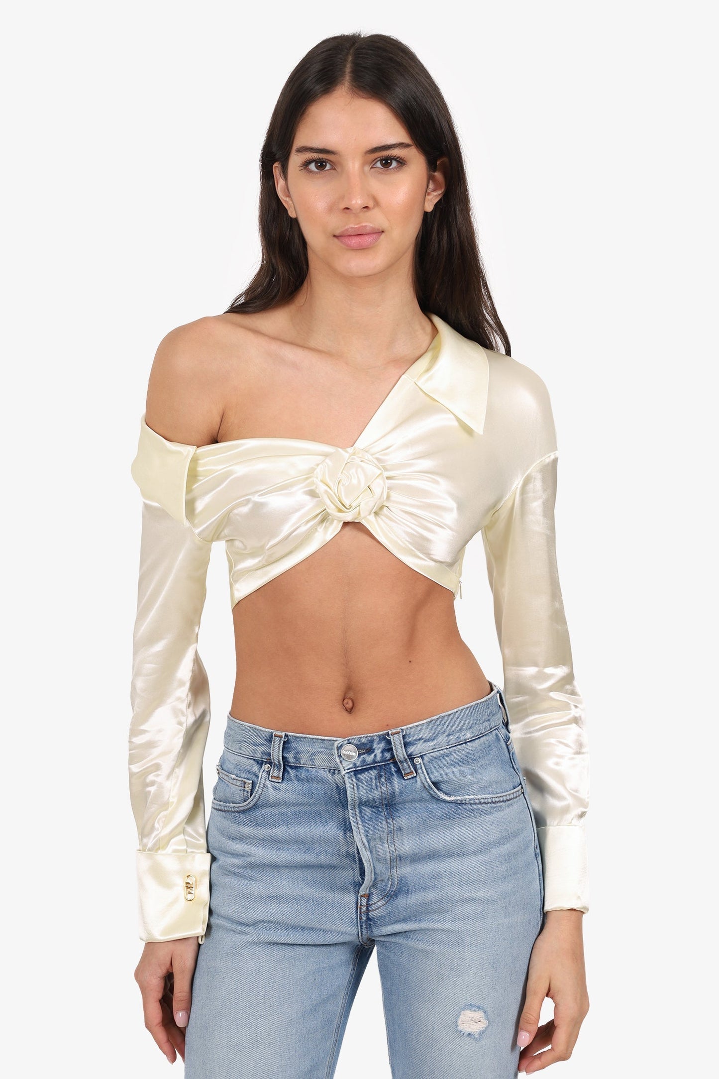 Fendi Handbag Silk Flower Front Long Sleeve Crop Top White