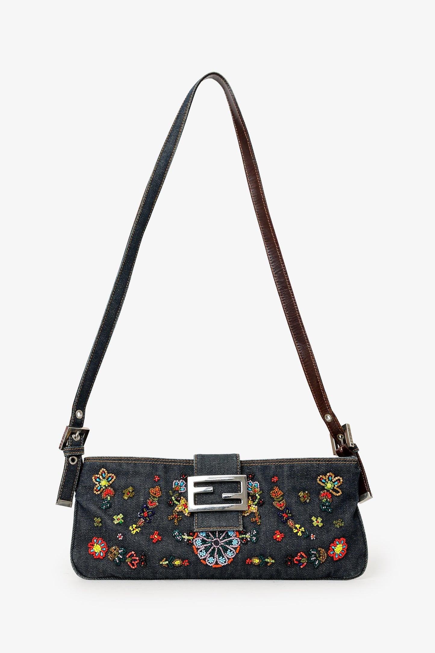 Fendi Shoulder Bag Beaded Baguette Pochette Denim Blue