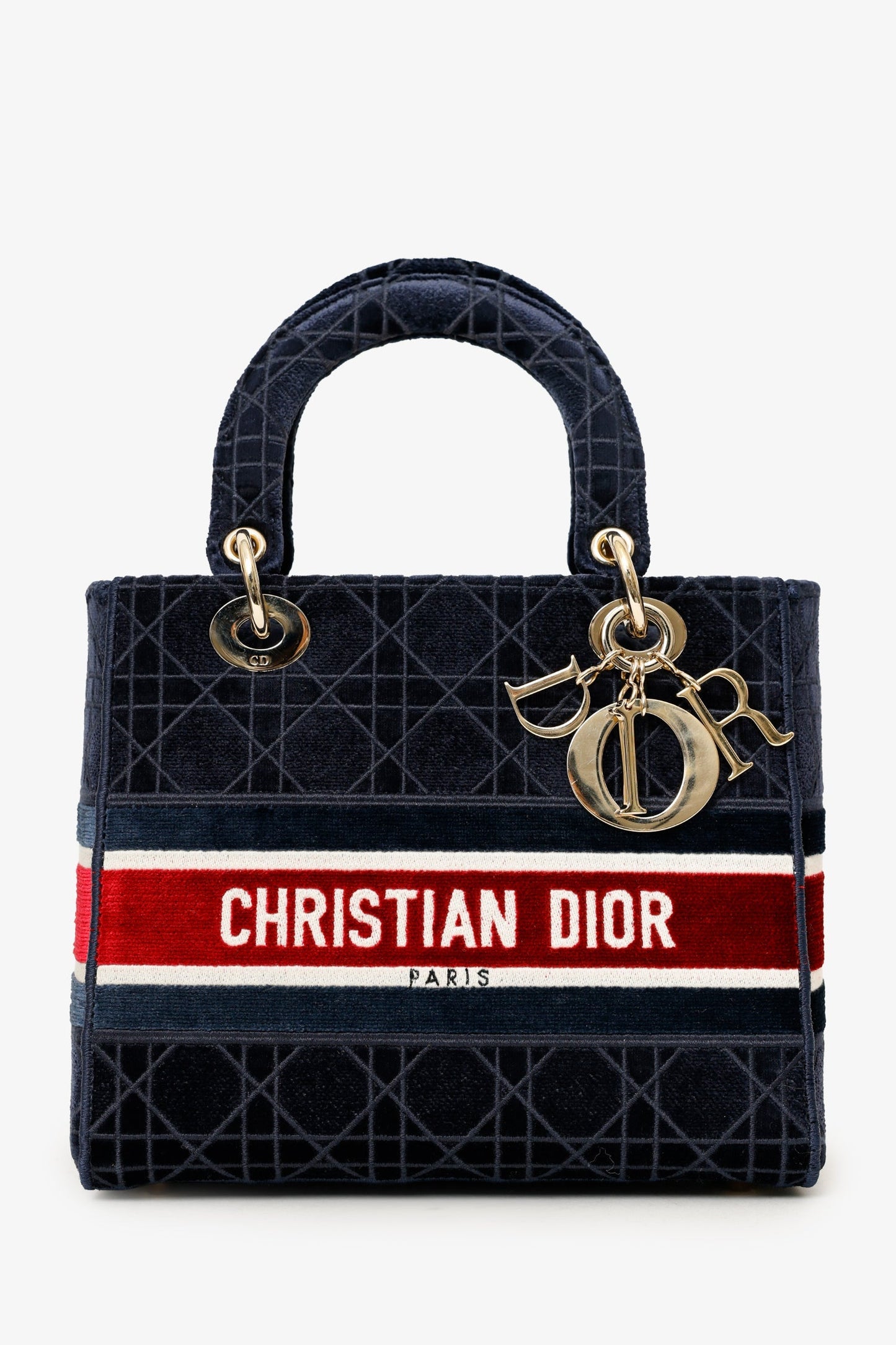 Dior Handbag Christian Velvet 'Cannage D-Lite' Bag With Strap Blue Medium