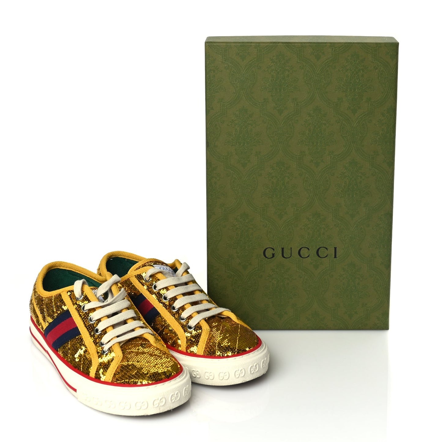 Gucci Sequin Web Matelasse Womens 1977 Tennis Sneakers 36 Gold Yellow