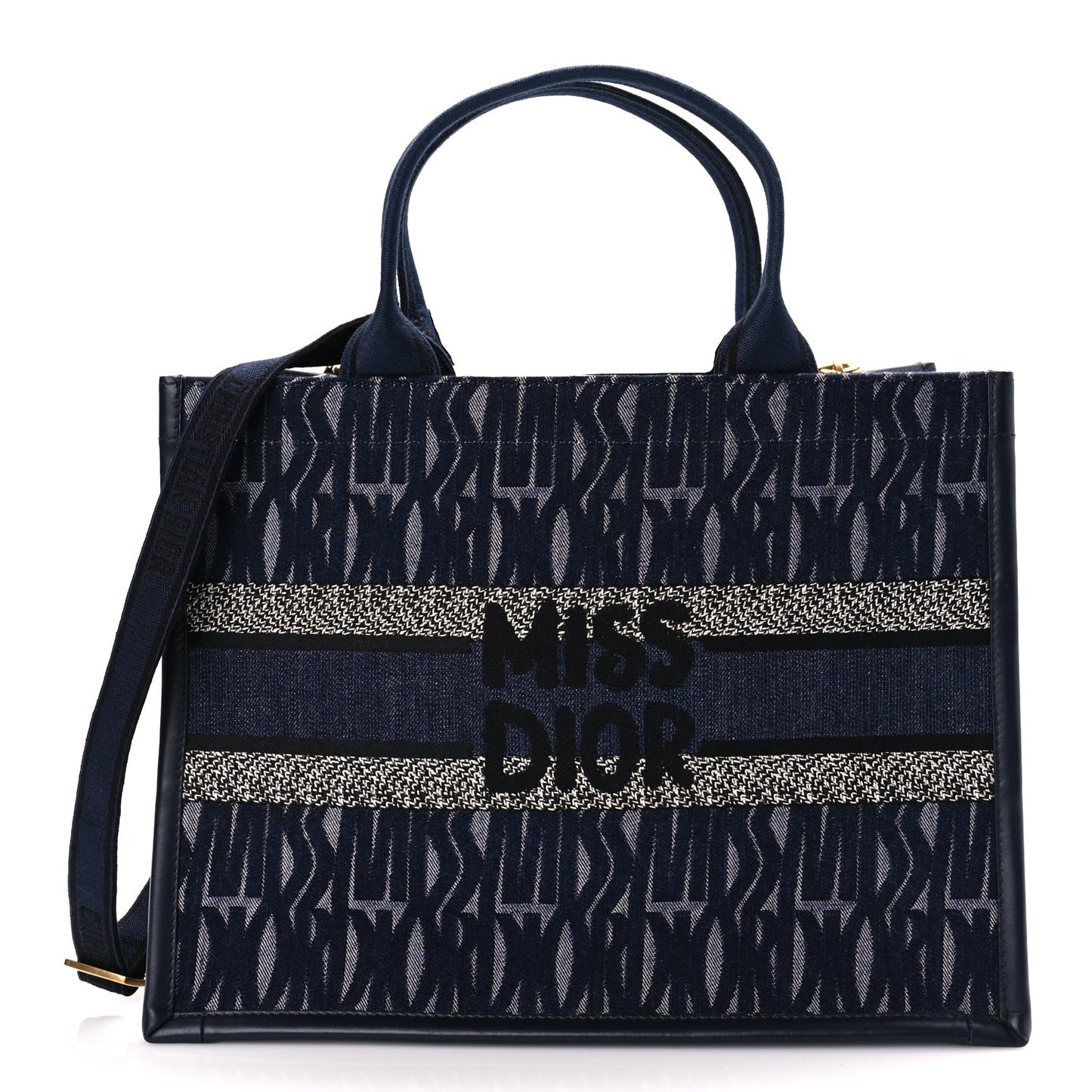 Dior Handbag Christian Calfskin Embroided Miss All Over Book Canvas Denim Blue Shoulder Bag