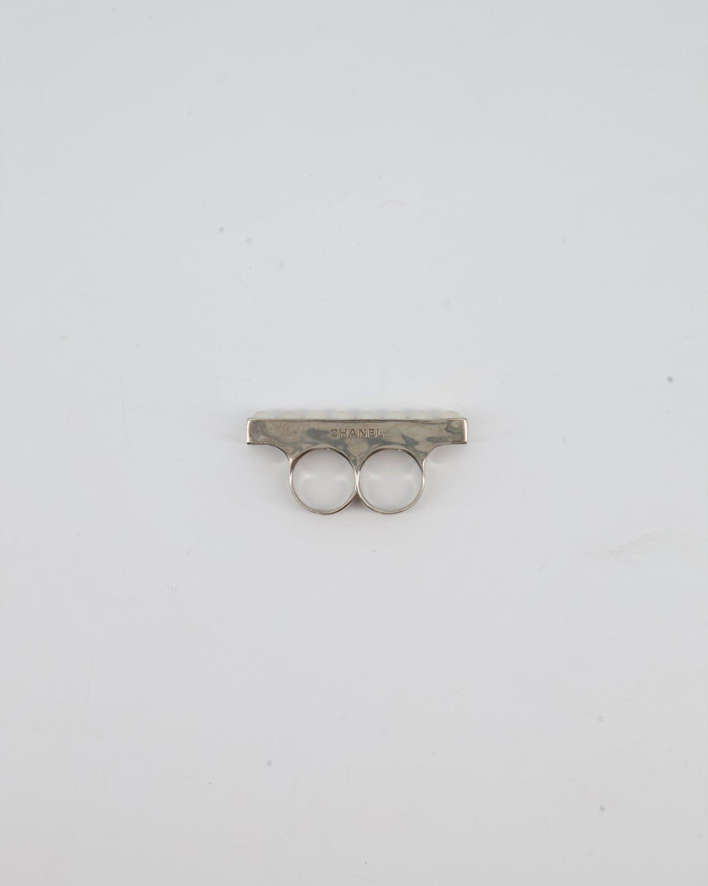 Chanel Double Pearl Ring with Silver Hardware