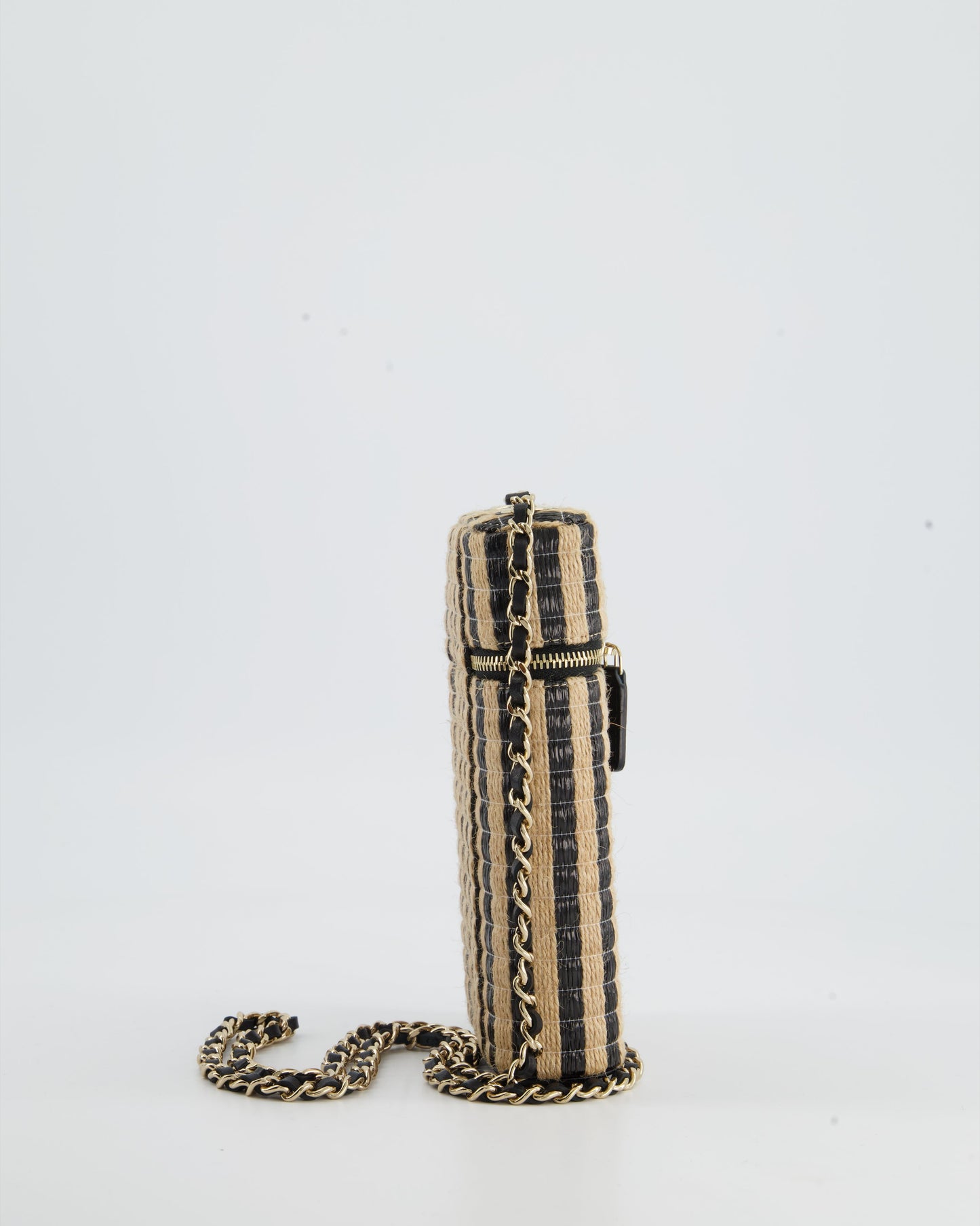 Chanel *Hot* Raffia Vanity 21P Beige And Black Cross-Body Bag With Champagne Gold Hardware