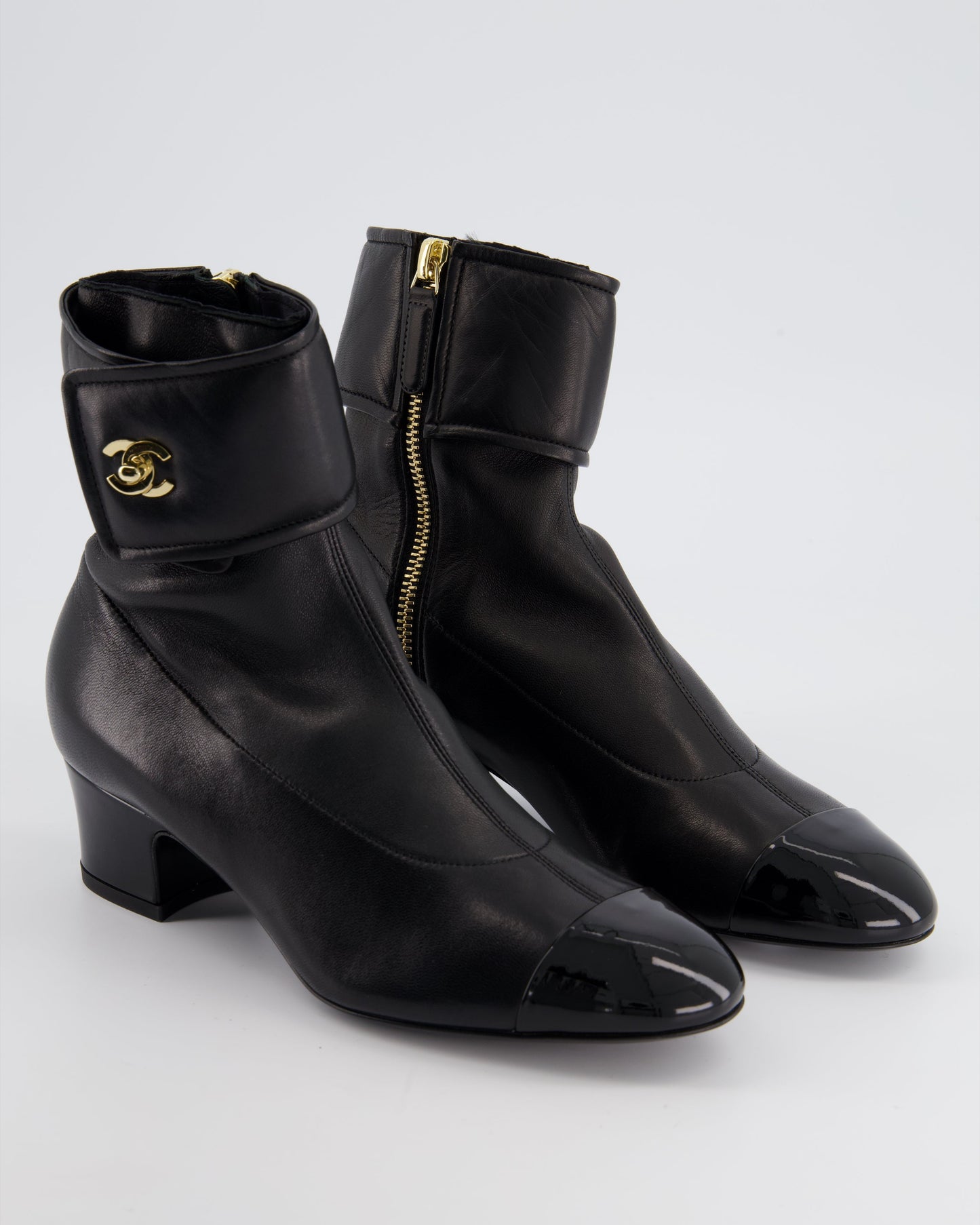 Chanel Black Leather Ankle Boots with Patent Toe and Champagne Gold CC Logo Detail Size Eu 35.5C for Women