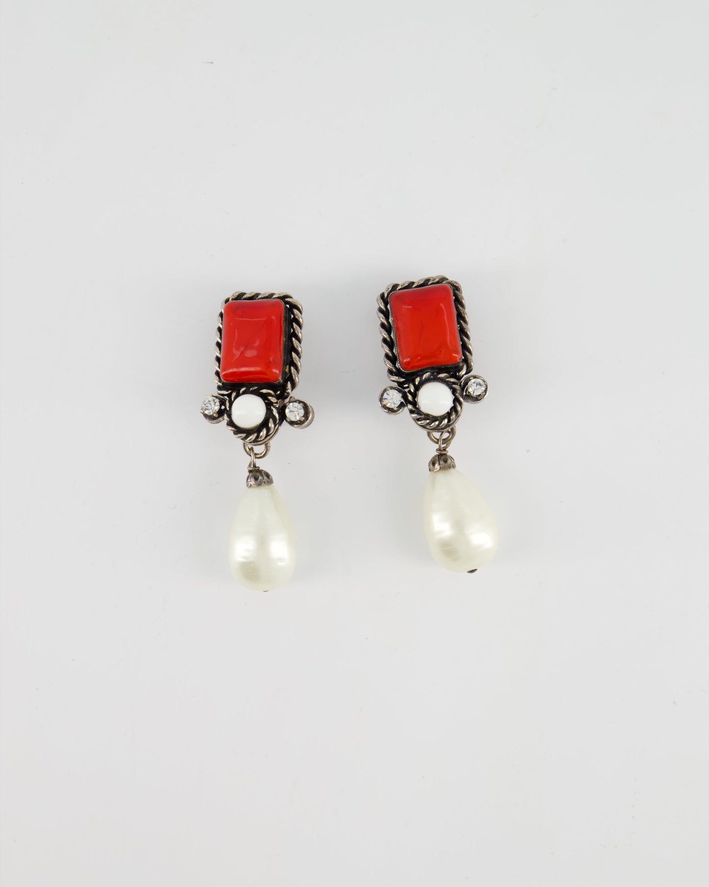 Chanel Silver 96P Red,crystal Pearl Drop Detail Clip on Earrings