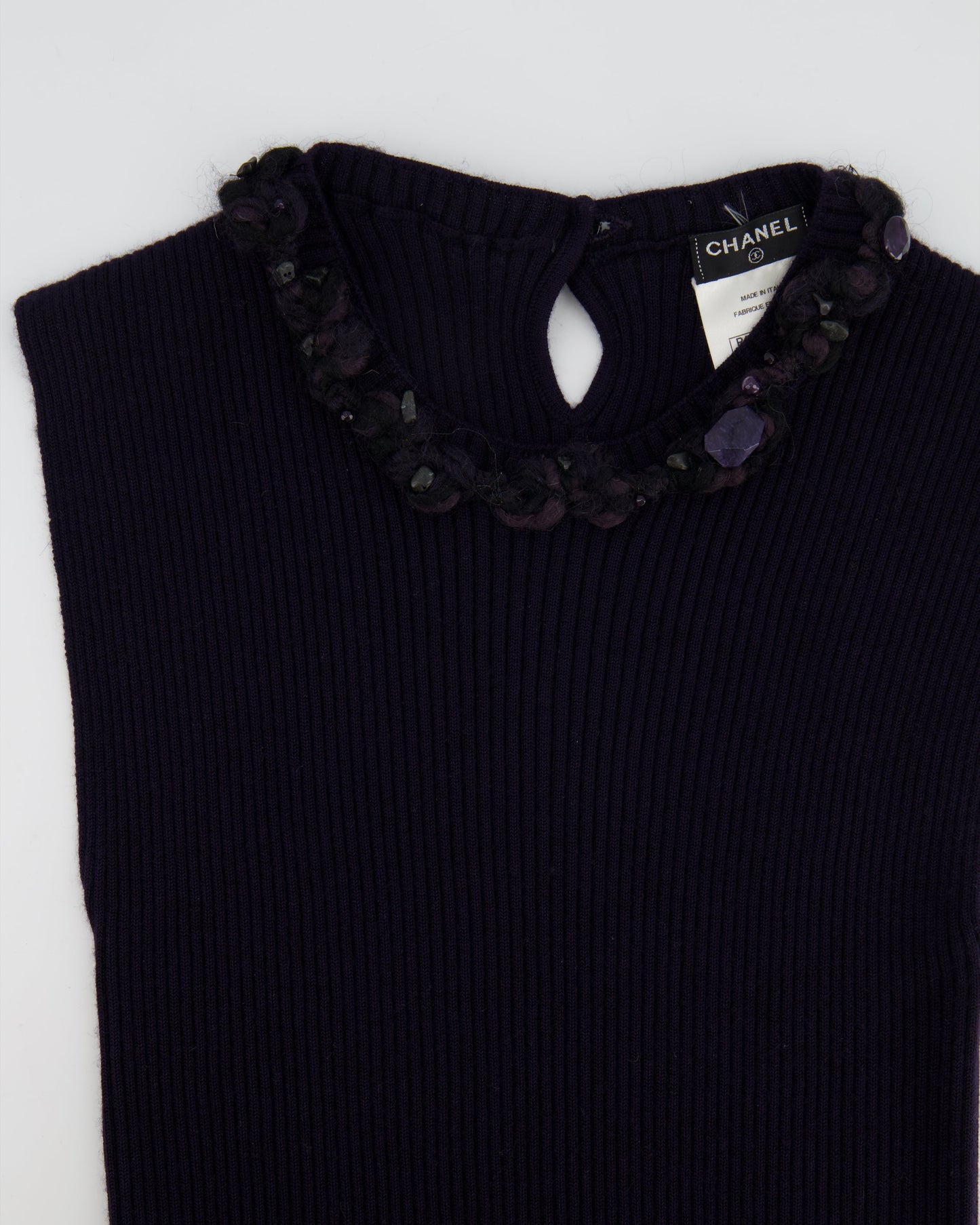 Chanel Purple Cashmere Silk Blend Sleeveless Top With Stone-Embellished Collar Size Fr 40 (Uk 12) Bag